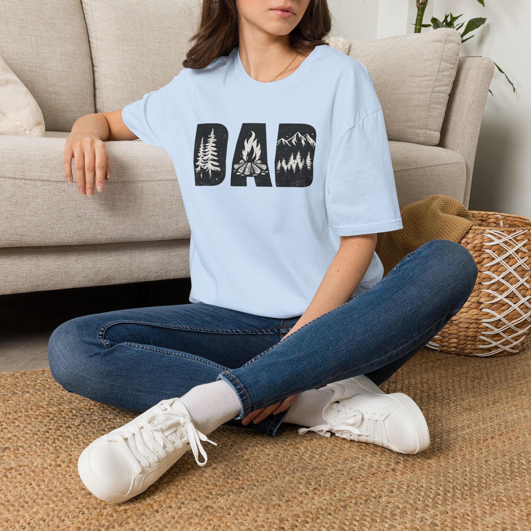 Dad Camping T-Shirt — Rustic Outdoors Father’s Day Shirt (DAD with Trees, Campfire & Mountains)
