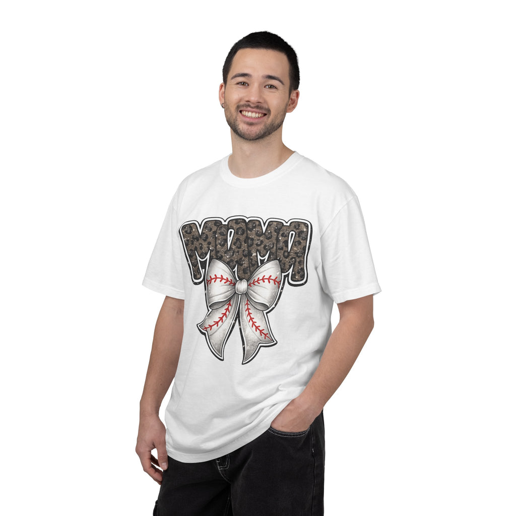 Baseball Mom T-Shirt — Camo Lettering with Baseball Bow