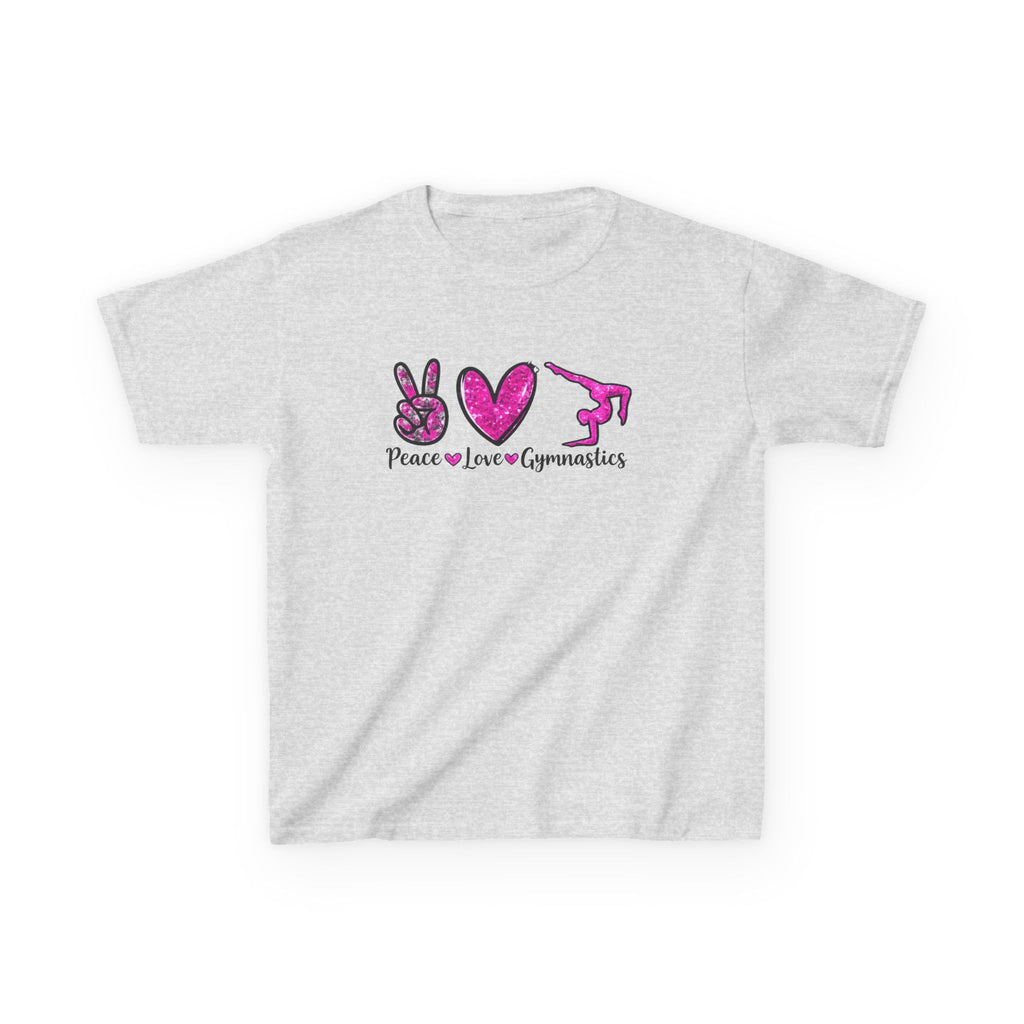 Kids Tee — "Peace Love Gymnastics" Pink Glitter Graphic
