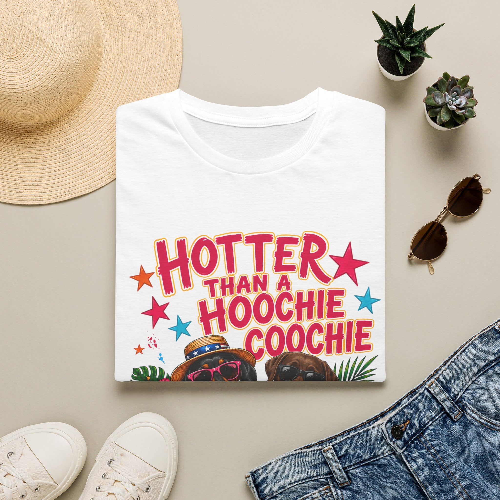 Hotter Than a Hoochie Coochie T-Shirt — Funny Summer Graphic Tee with Dogs