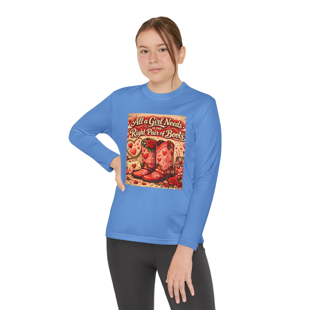 Youth Long Sleeve Tee — "All a Girl Needs is the Right Pair of Boots" Western Graphic