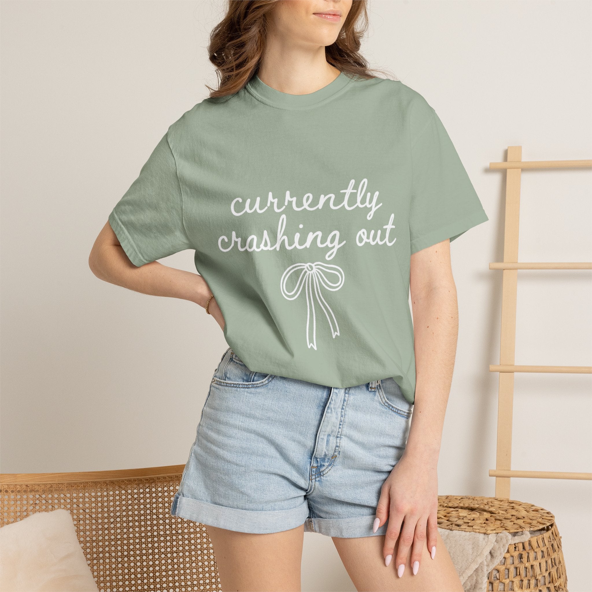 White Garment-Dyed T-Shirt — Minimal Ribbon Graphic Tee