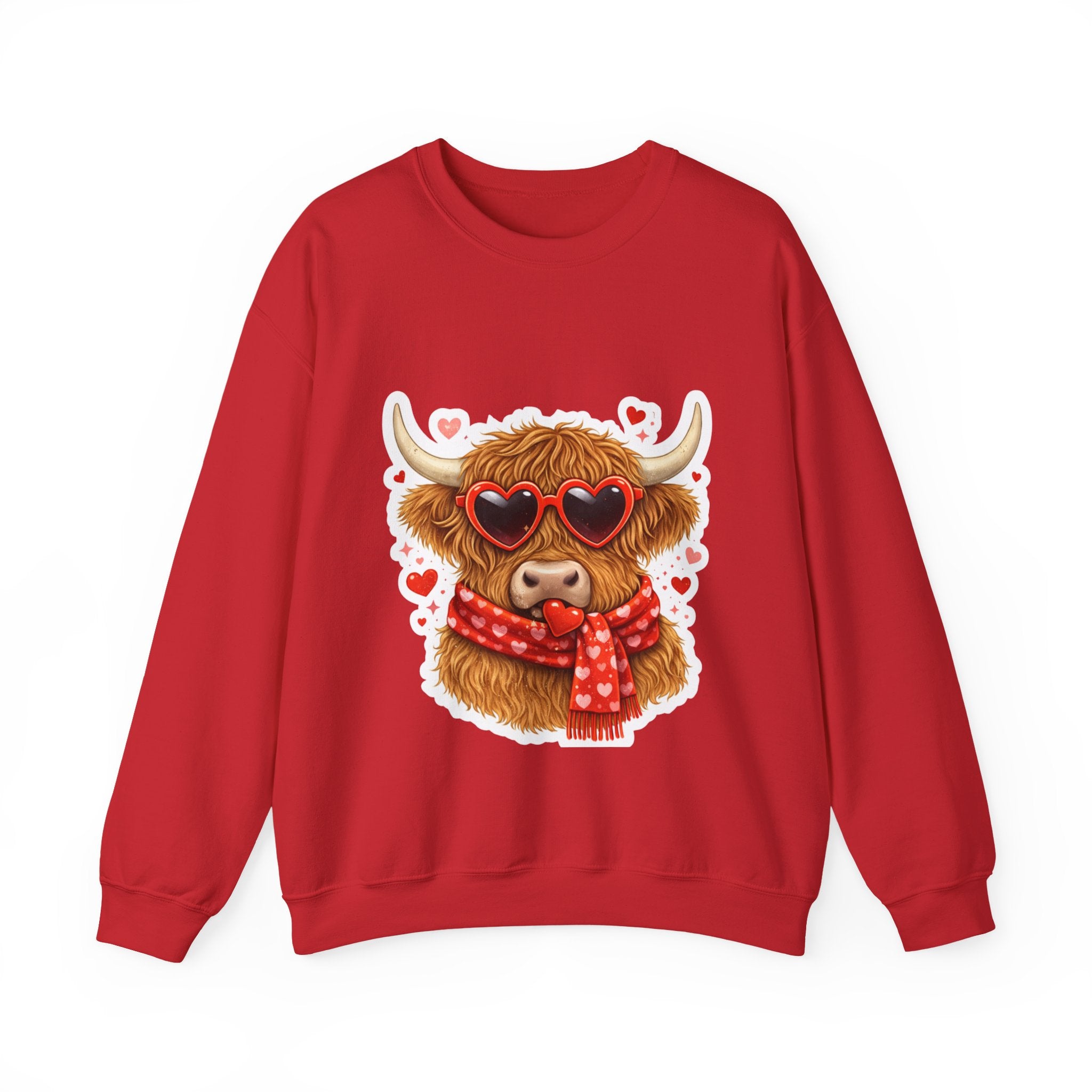 Valentine Highland Cow Sweatshirt – Cute Heart Sunglasses & Scarf Crewneck