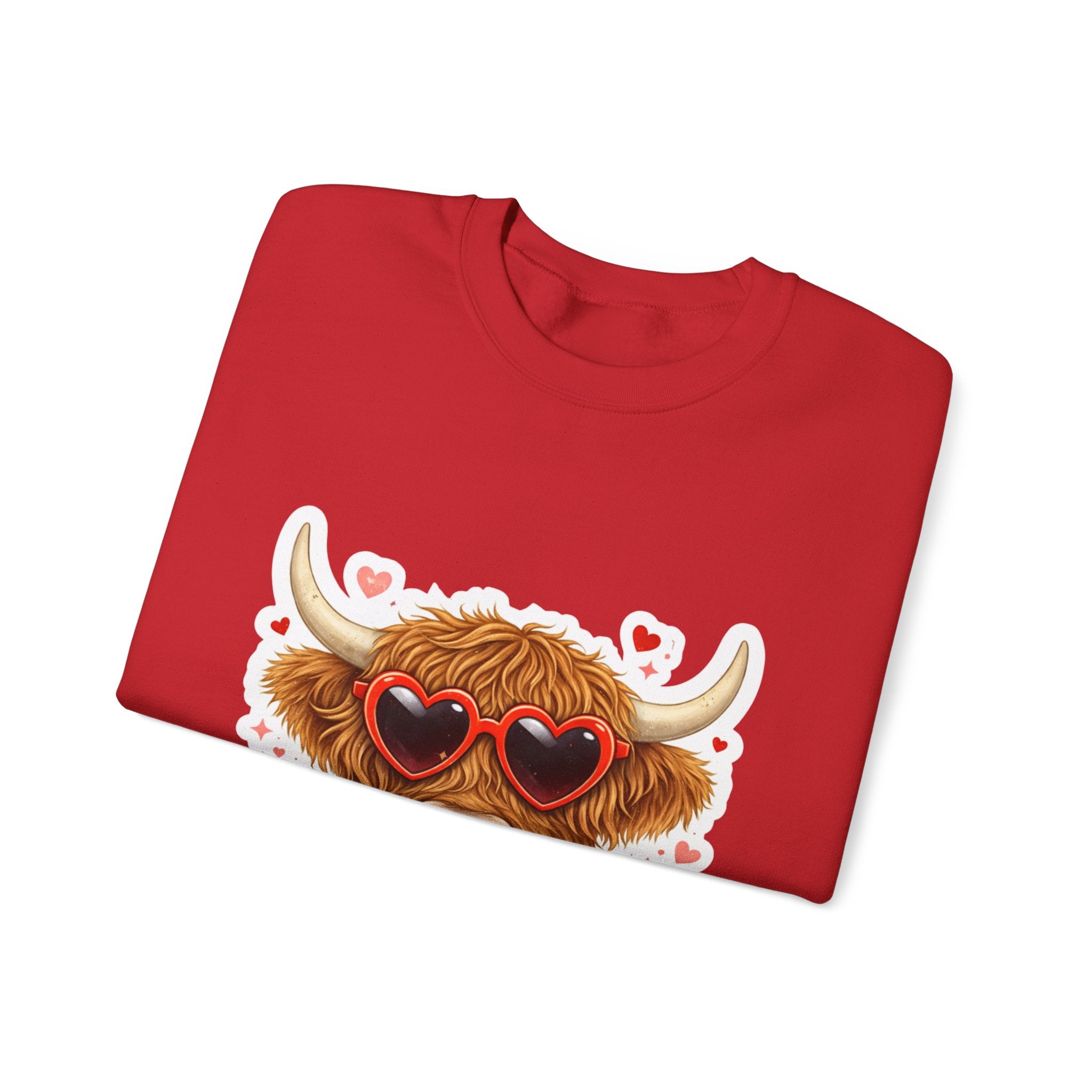 Valentine Highland Cow Sweatshirt – Cute Heart Sunglasses & Scarf Crewneck