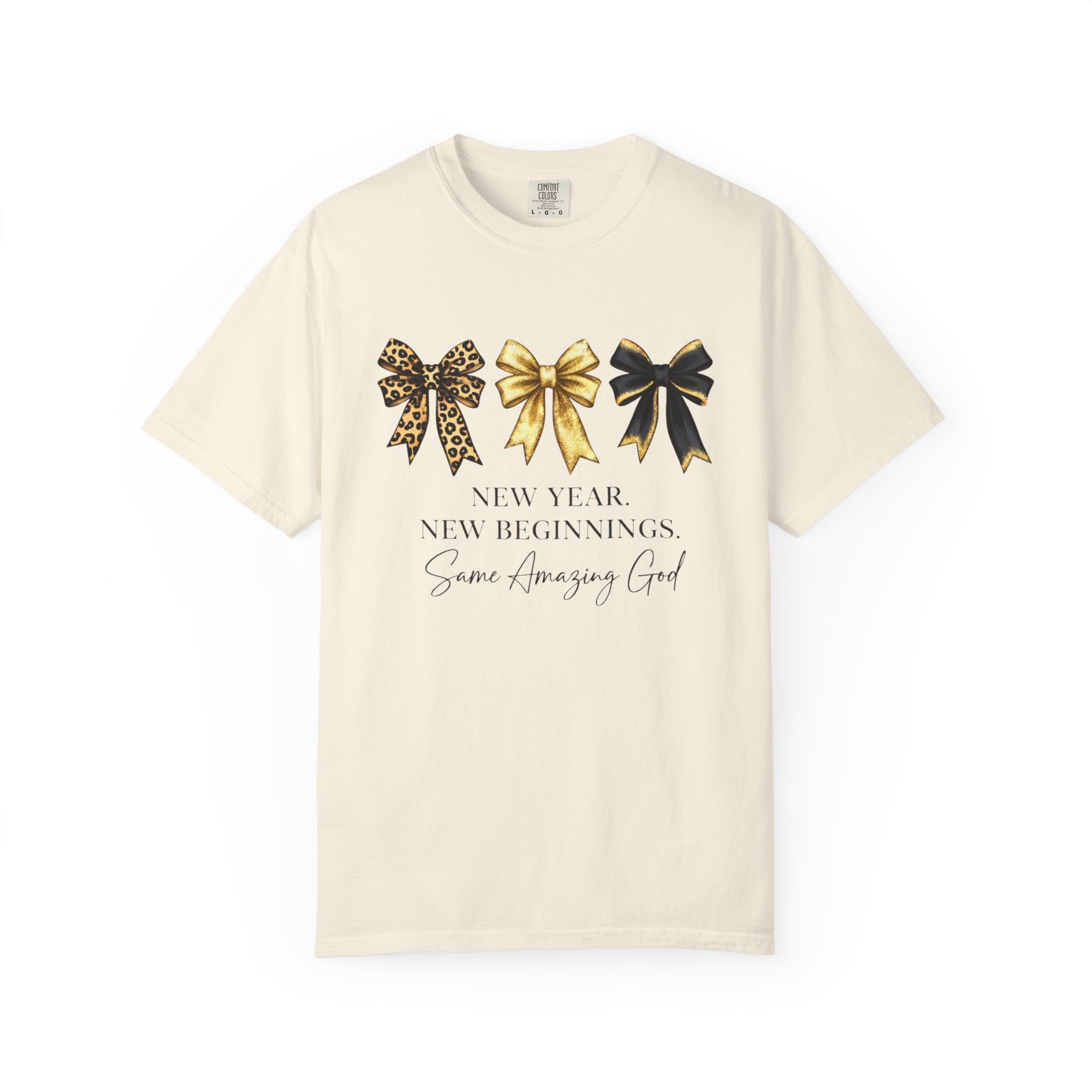 T-Shirt — "New Year, New Beginnings" Gold & Black Bow Graphic Tee