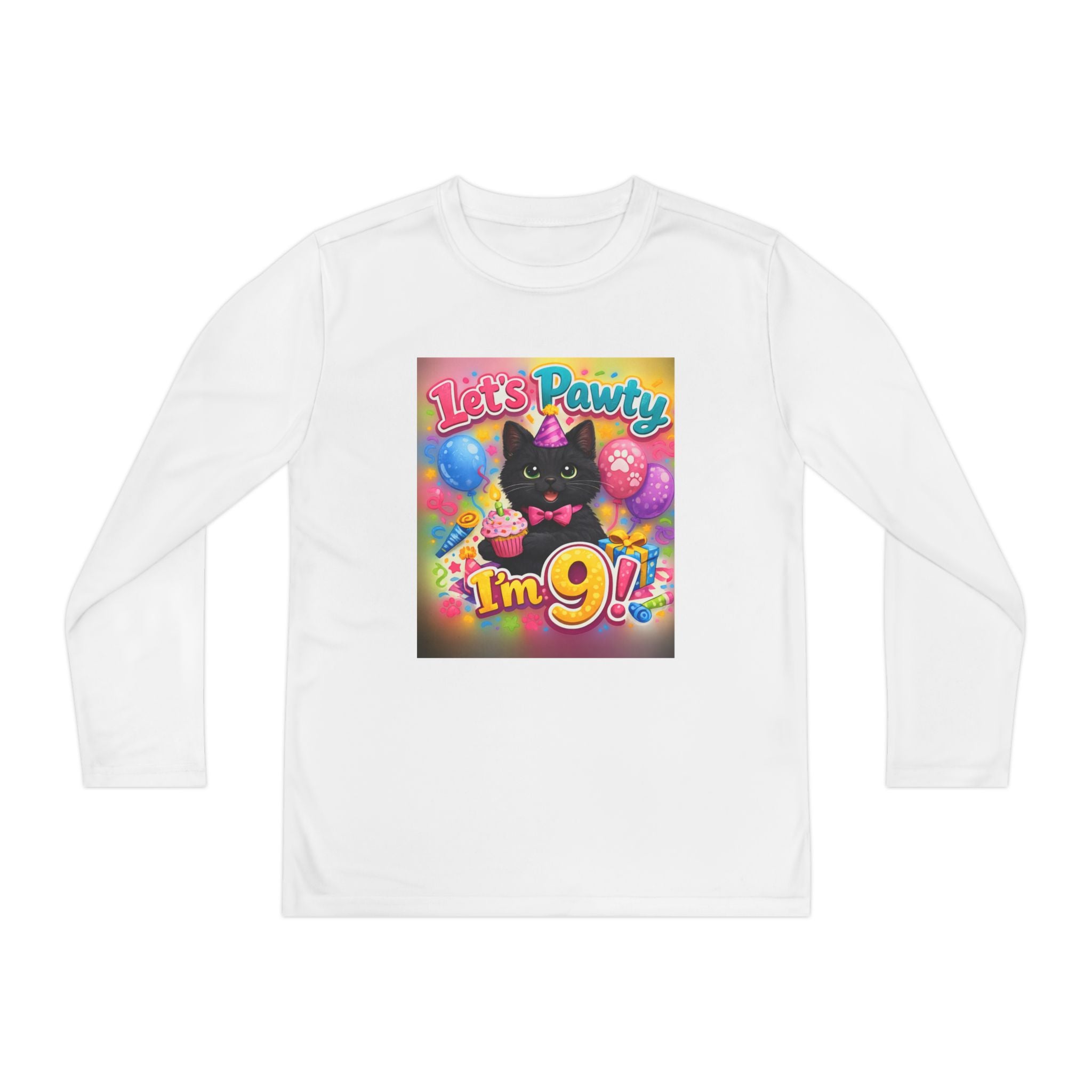 Kids' 9th Birthday Long Sleeve Tee — "Let's Pawty I'm 9!" Cat Birthday Shirt