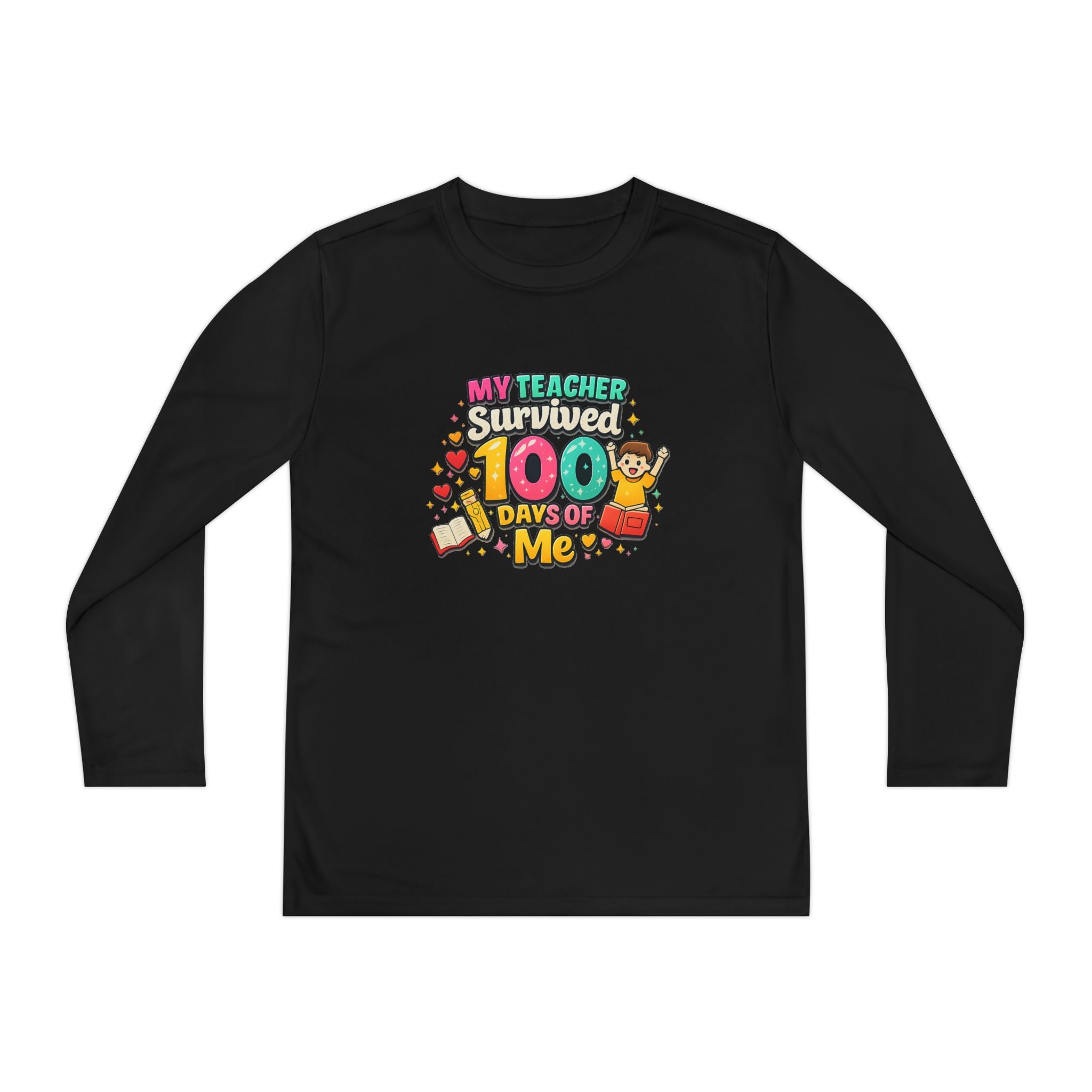 Kids Long Sleeve Tee — “My Teacher Survived 100 Days of Me” Colorful Celebration Shirt