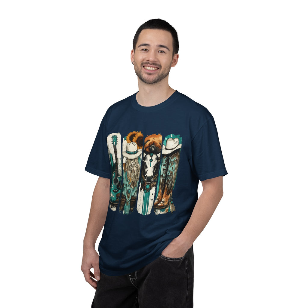 Western Music Icons T-Shirt — Rustic Guitar, Boots & Hat Graphic Tee