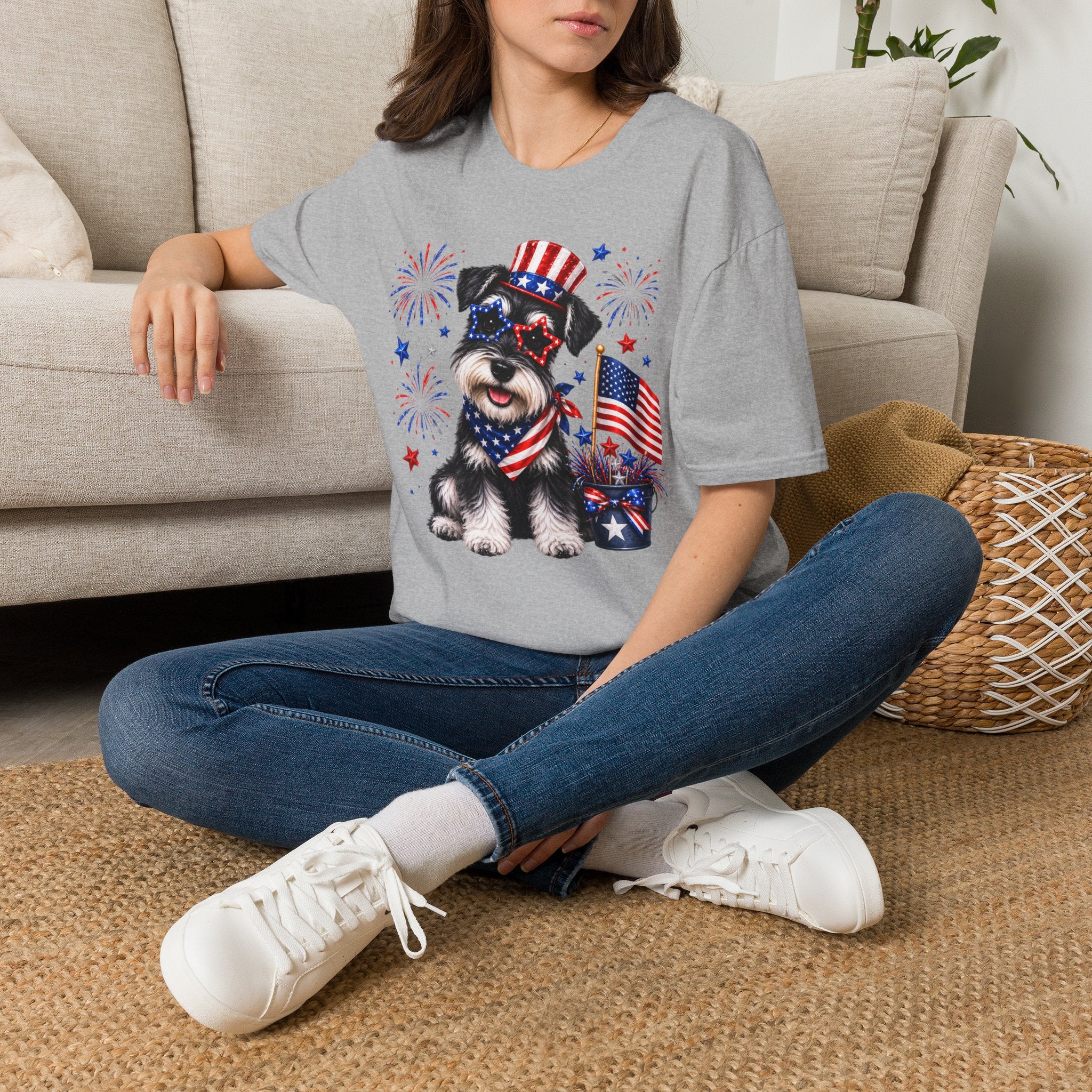 Patriotic Pup T‑Shirt — American Flag Dog with Fireworks (Fourth of July)