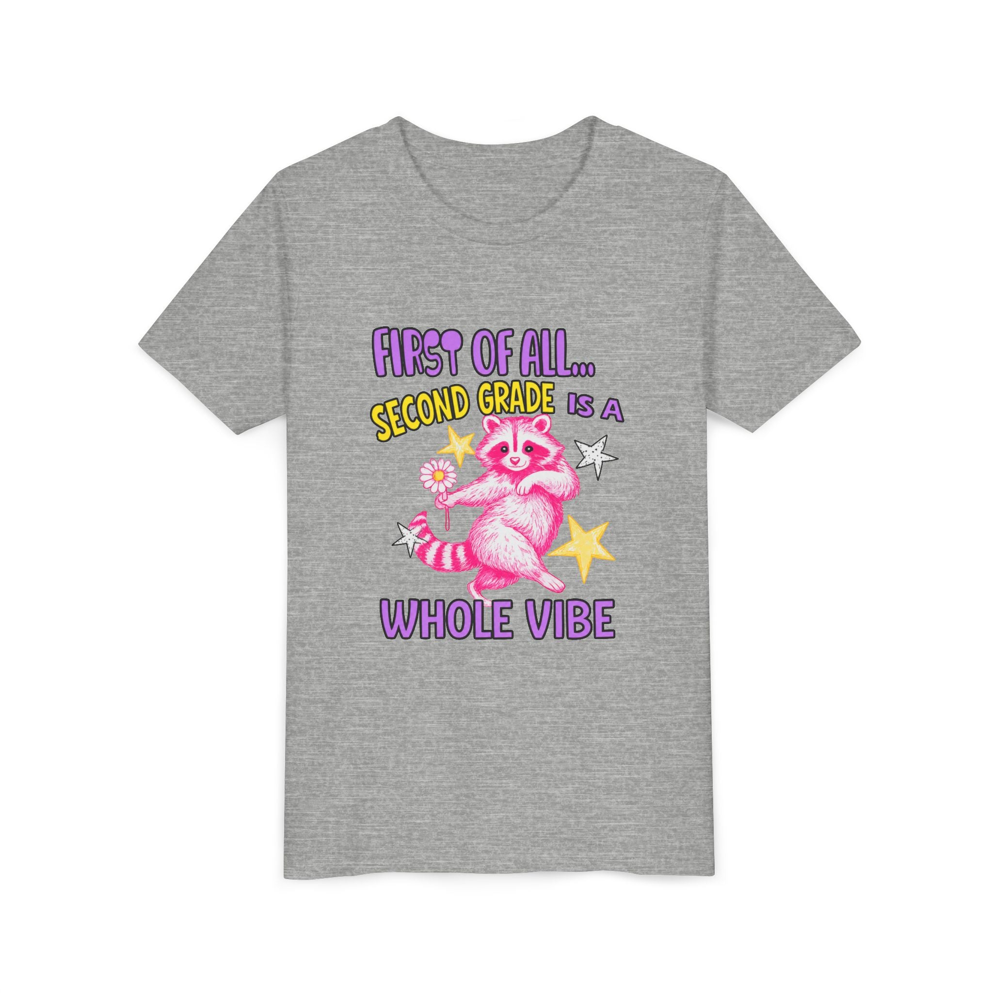 Youth Tee — "First of All... Second Grade Is a Whole Vibe" Pink Raccoon Back-to-School Shirt