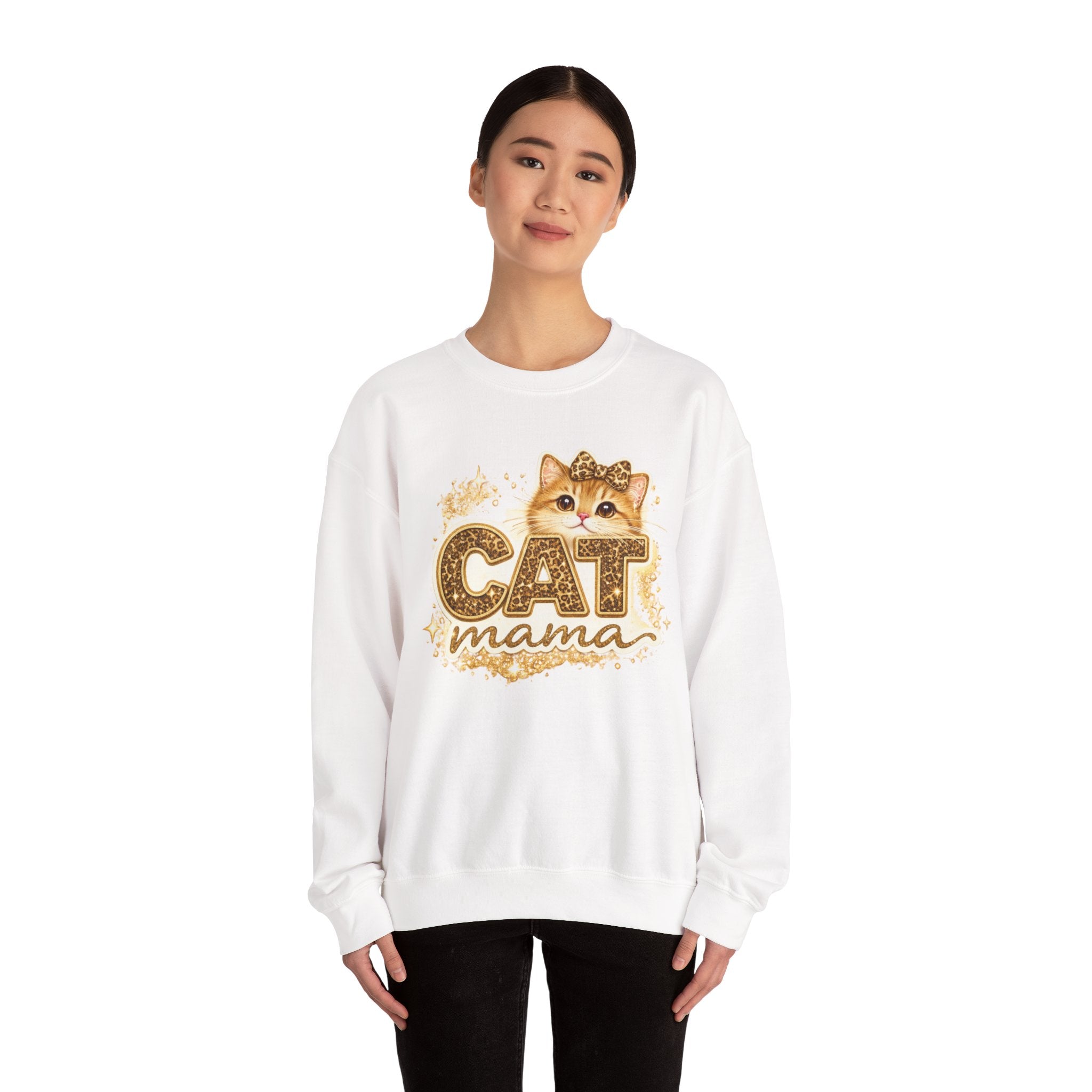 Cat Mama Crewneck Sweatshirt – Cute Gold Glitter Cat Graphic