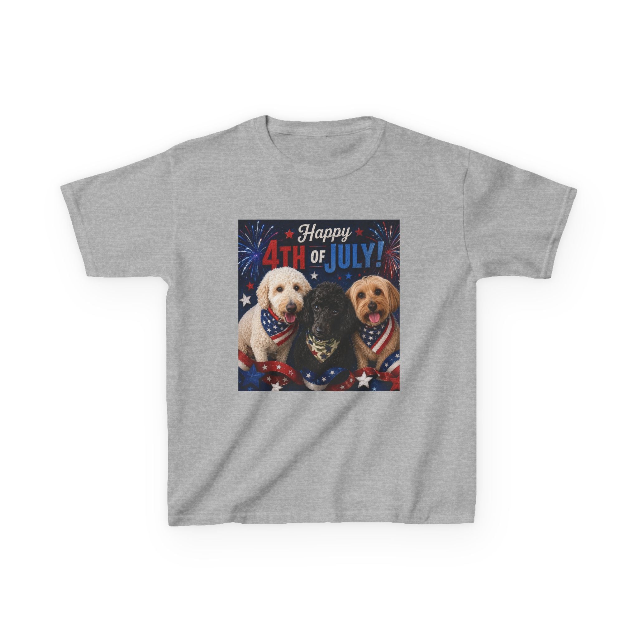 4th of July Kids Tee – Patriotic Dogs "Happy 4th of July"
