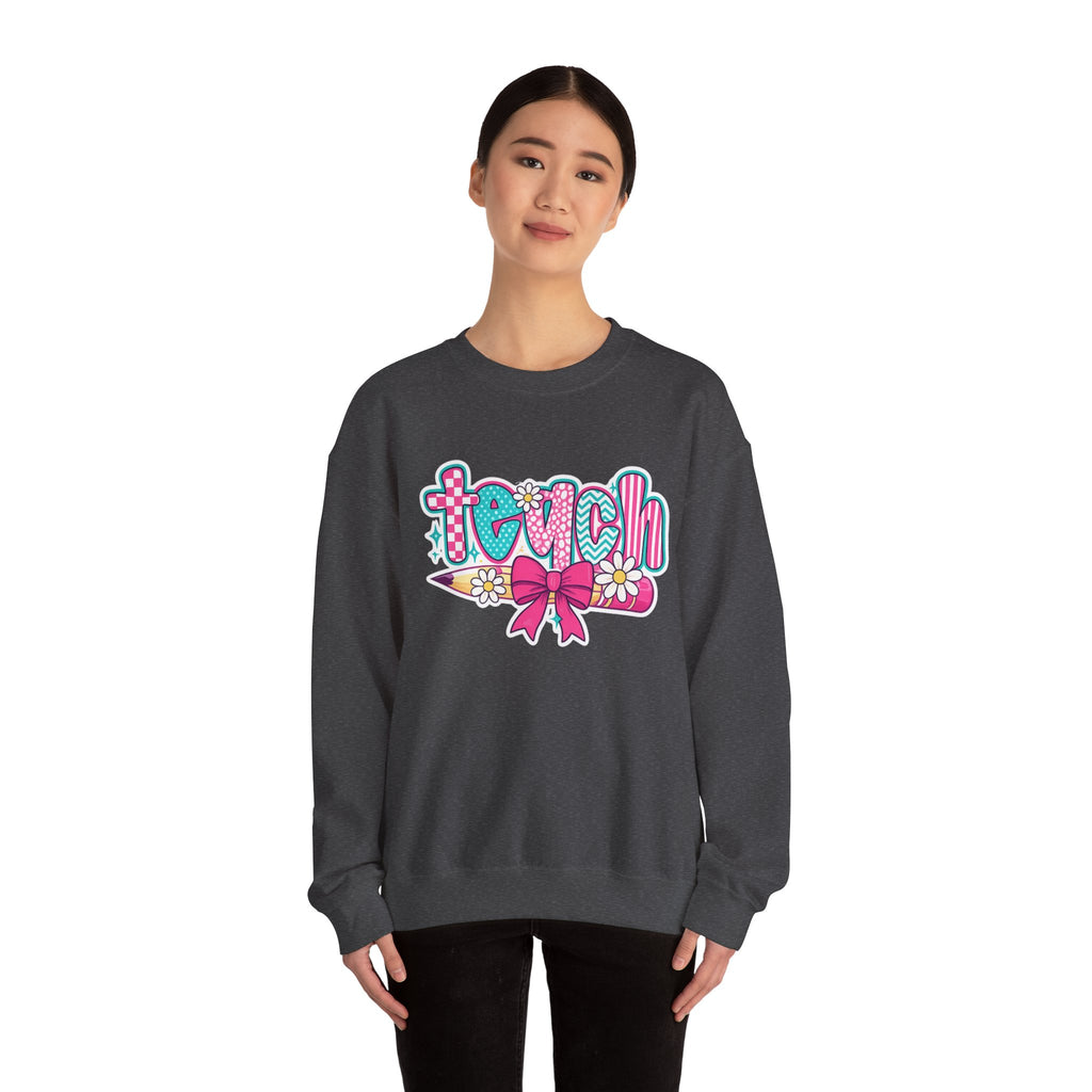 Teacher Pencil Crewneck Sweatshirt — "Teach" Floral School Spirit Pullover