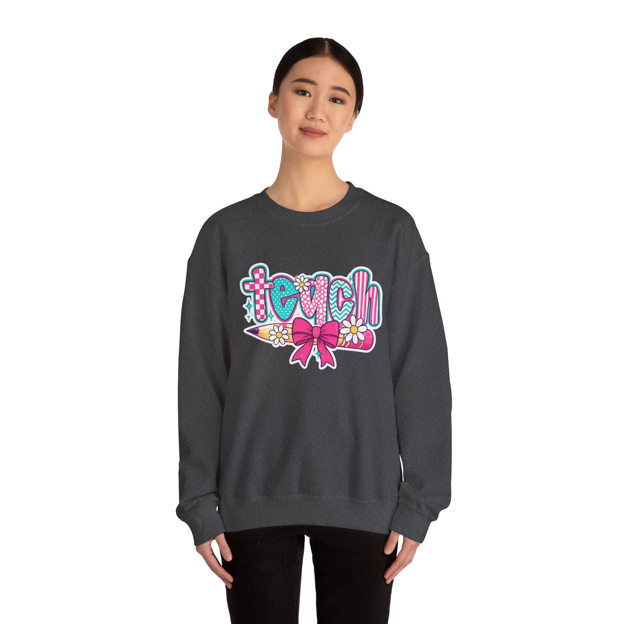 Teacher Pencil Crewneck Sweatshirt — "Teach" Floral School Spirit Pullover