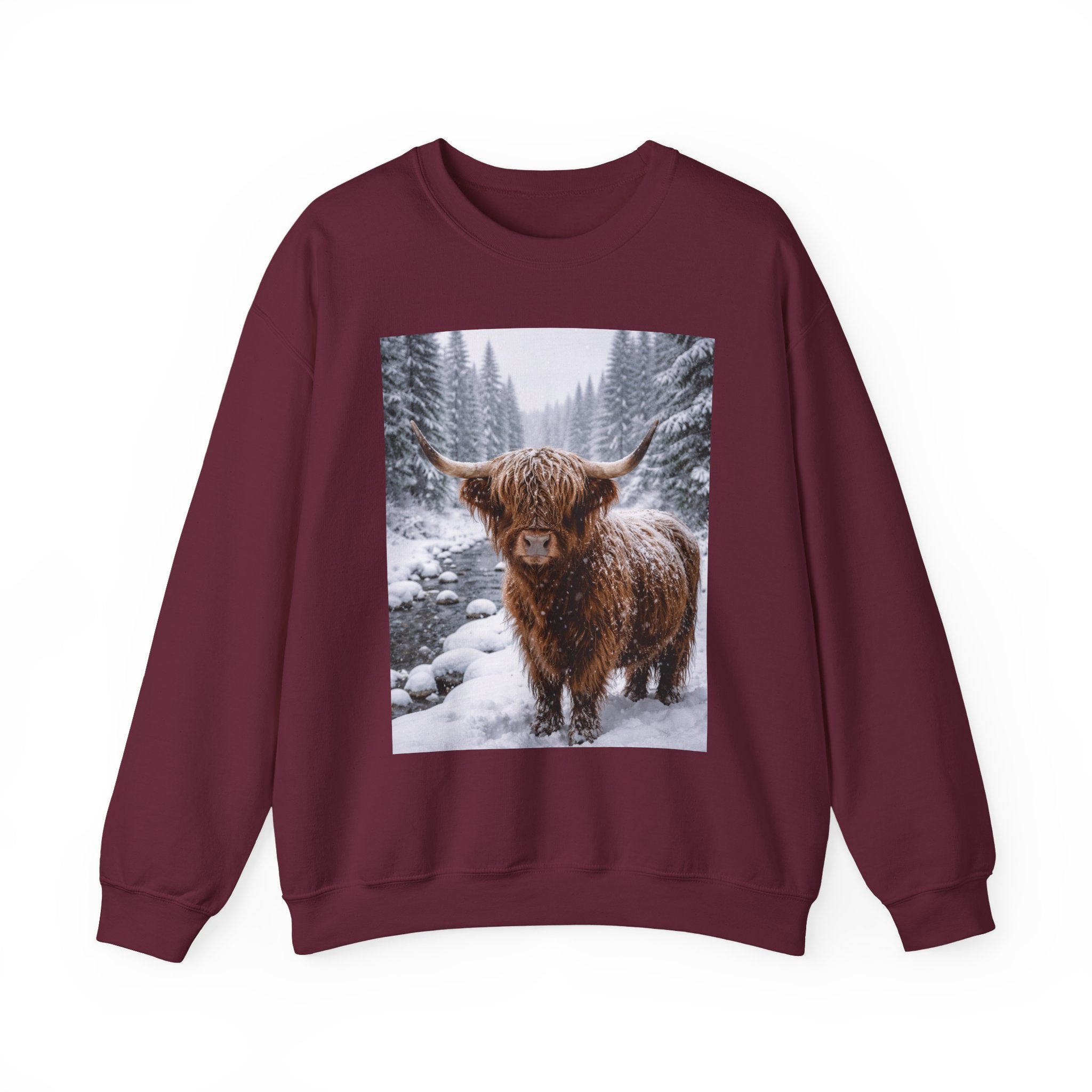 Highland Cow in Snow Crewneck Sweatshirt - Cozy Winter Forest Highlander Graphic