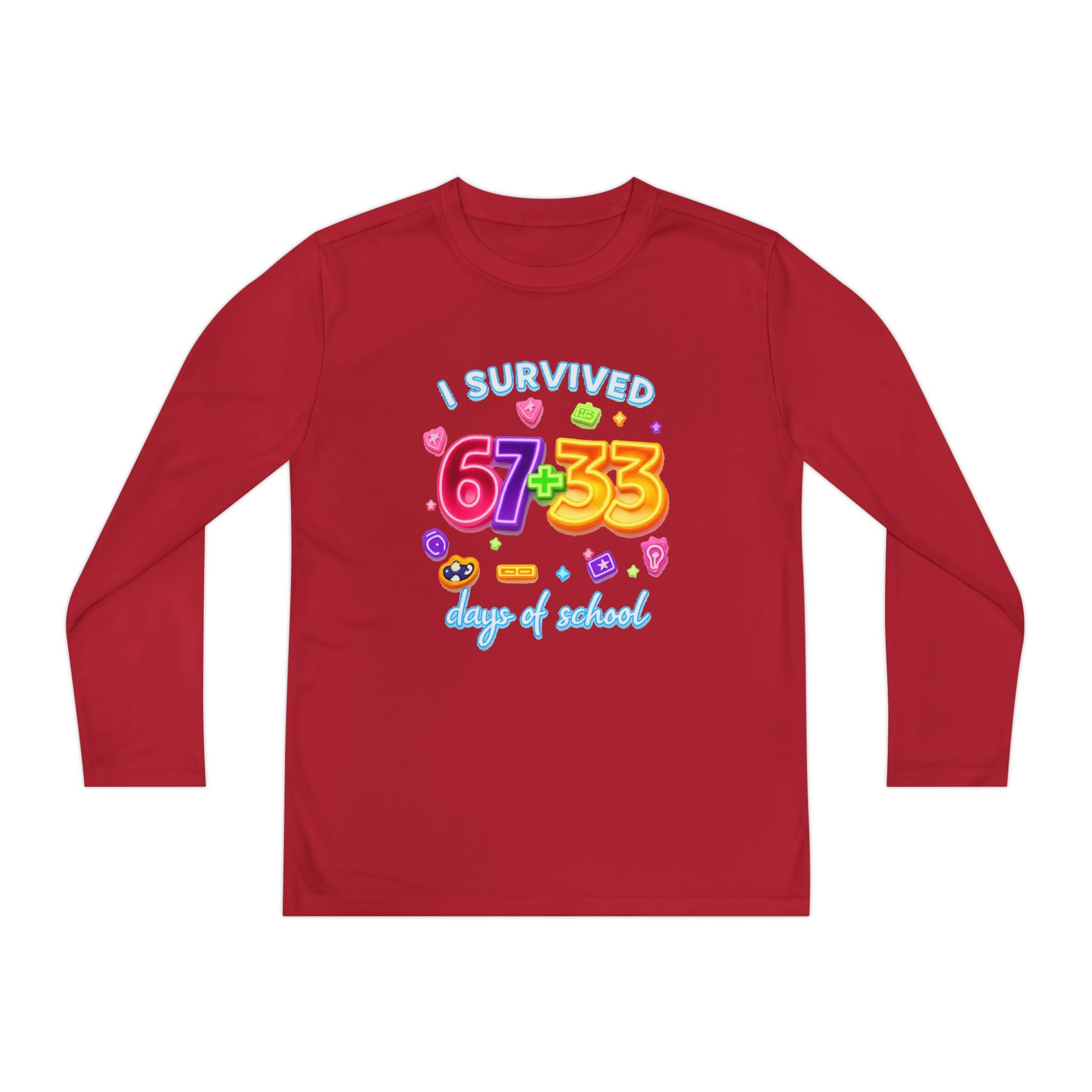 Youth Long Sleeve Tee — "I Survived 67+33 Days of School" Colorful Celebration Shirt