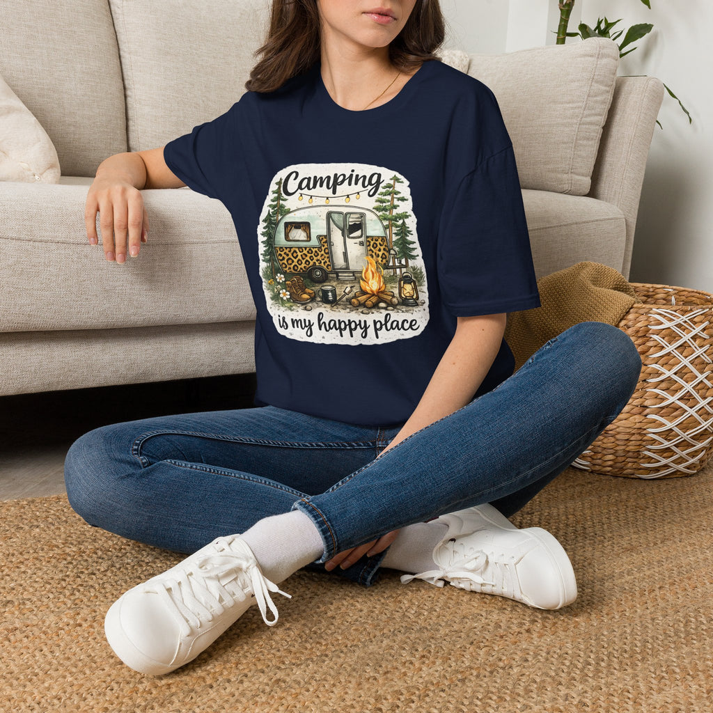 Camping Is My Happy Place T‑Shirt — Leopard Camper Graphic Tee