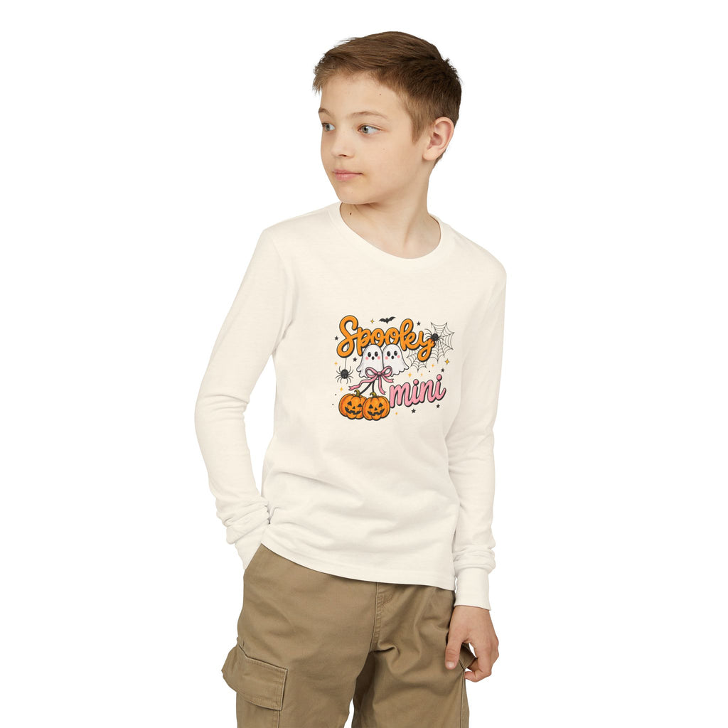 Youth Long Sleeve Tee — "Spooky Mini" Halloween Ghost & Pumpkin Kids Shirt