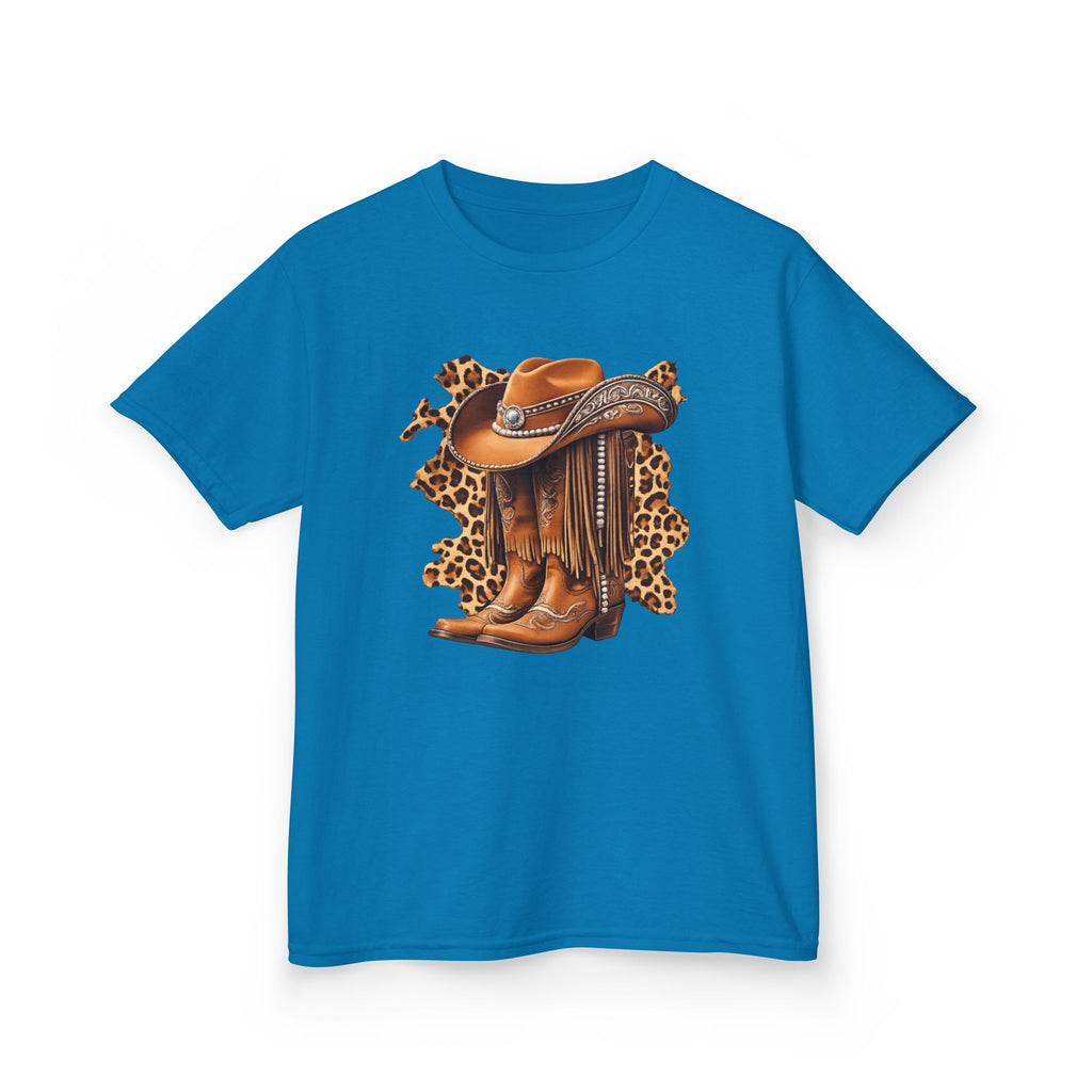 Kids Cowboy Hat & Boots Tee — Leopard Print Western Kids T-Shirt