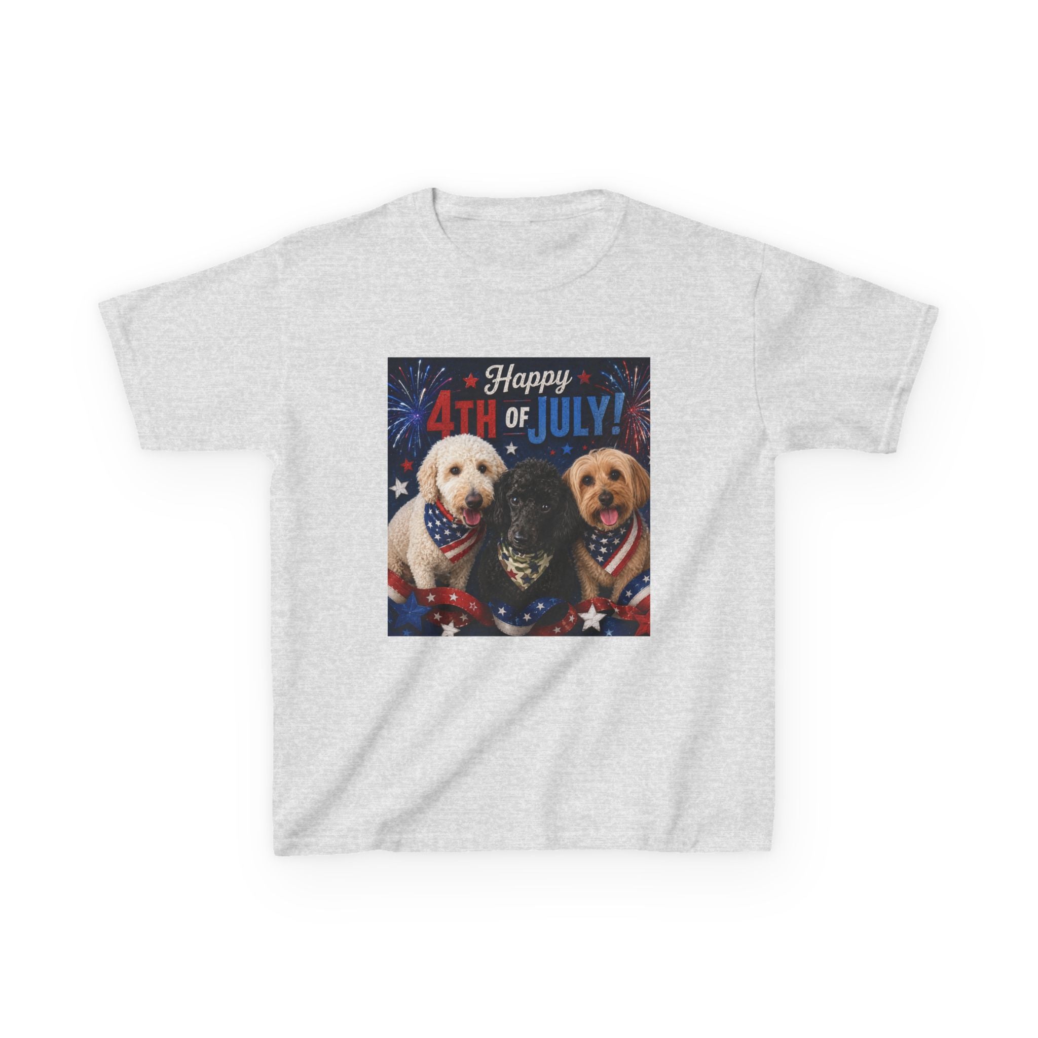 4th of July Kids Tee – Patriotic Dogs "Happy 4th of July"