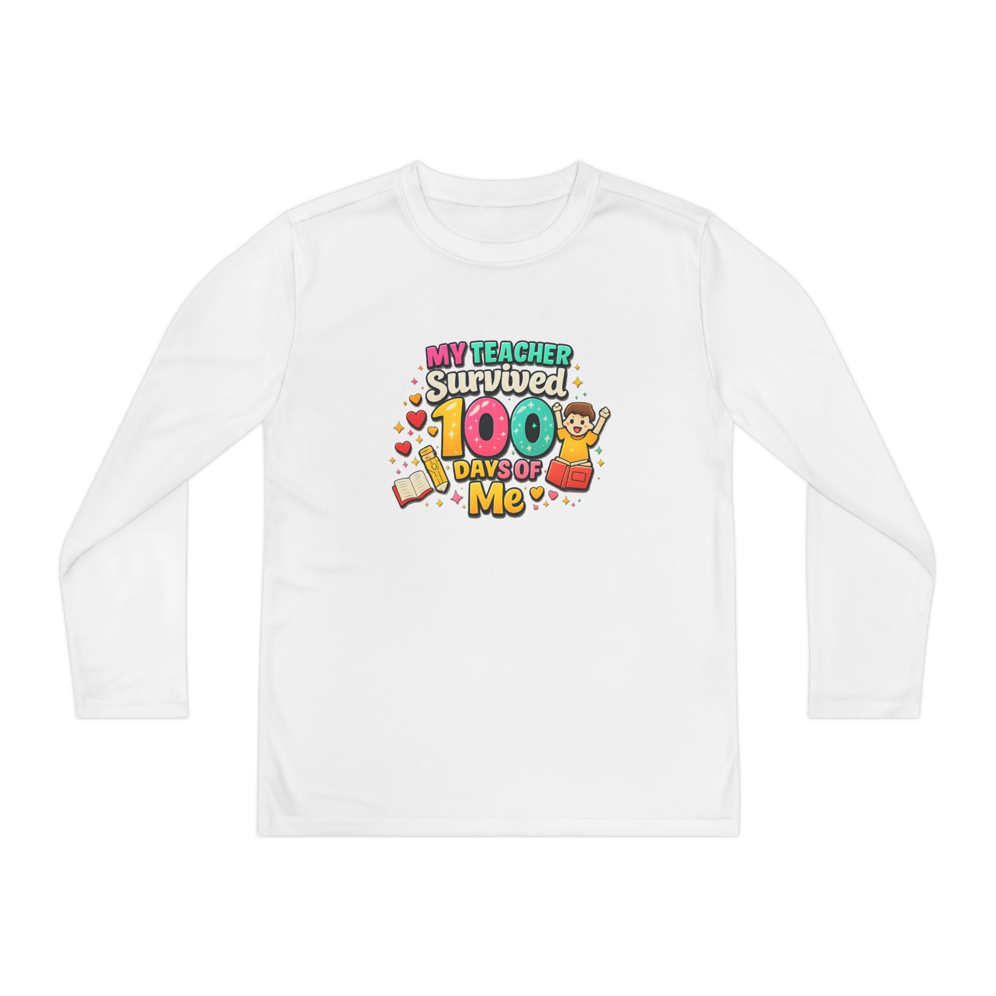 Kids Long Sleeve Tee — “My Teacher Survived 100 Days of Me” Colorful Celebration Shirt