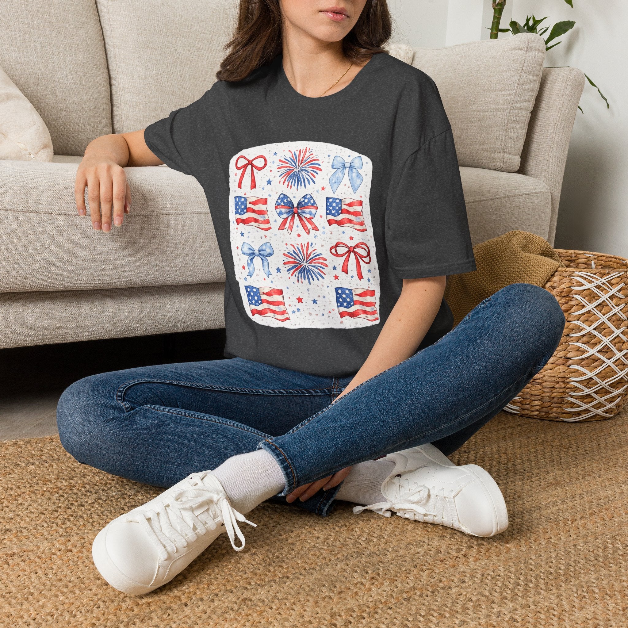 Patriotic 4th of July T-Shirt — USA Flag Bows & Fireworks Design
