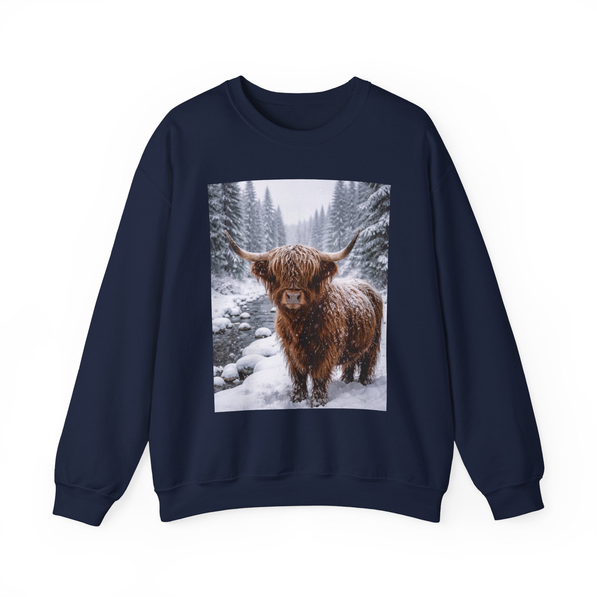 Highland Cow in Snow Crewneck Sweatshirt - Cozy Winter Forest Highlander Graphic