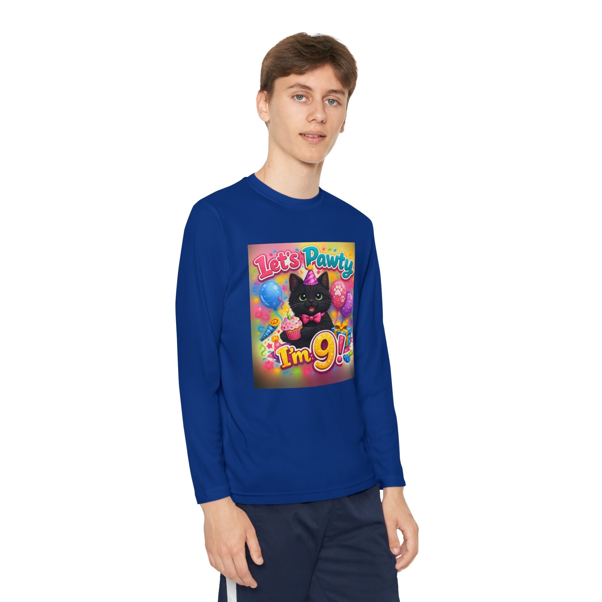 Kids' 9th Birthday Long Sleeve Tee — "Let's Pawty I'm 9!" Cat Birthday Shirt