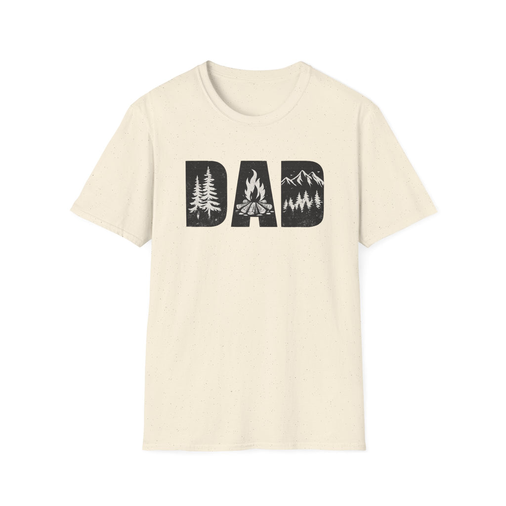 Dad Camping T-Shirt — Rustic Outdoors Father’s Day Shirt (DAD with Trees, Campfire & Mountains)