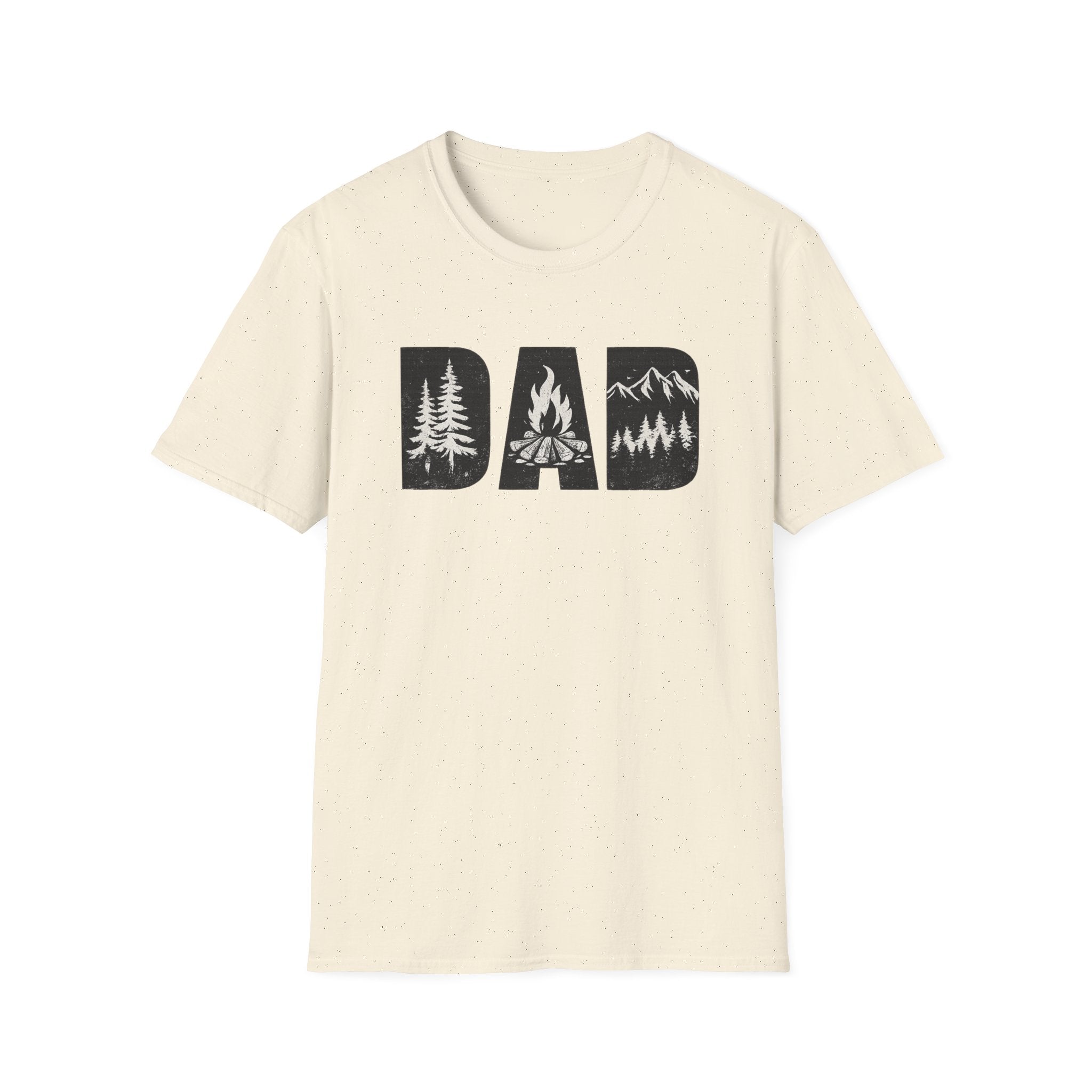 Dad Camping T-Shirt — Rustic Outdoors Father’s Day Shirt (DAD with Trees, Campfire & Mountains)