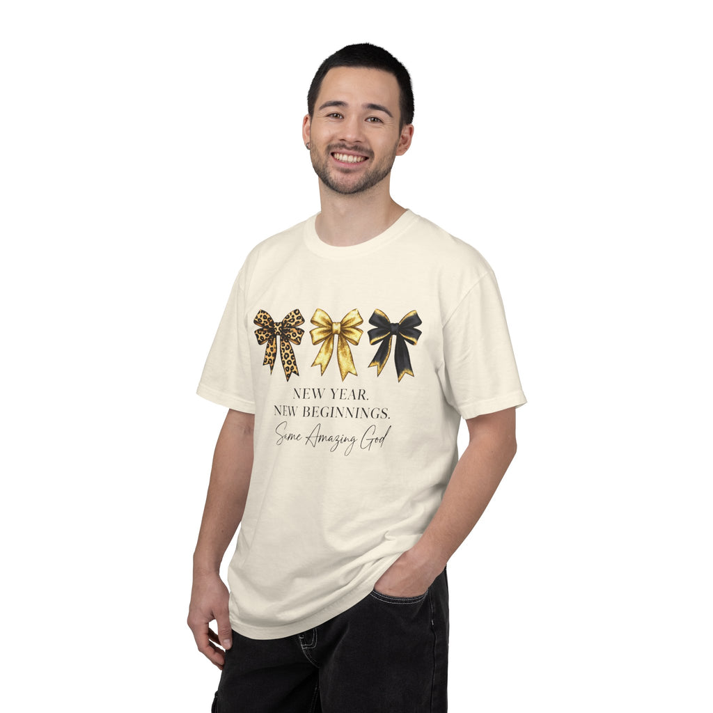 T-Shirt — "New Year, New Beginnings" Gold & Black Bow Graphic Tee