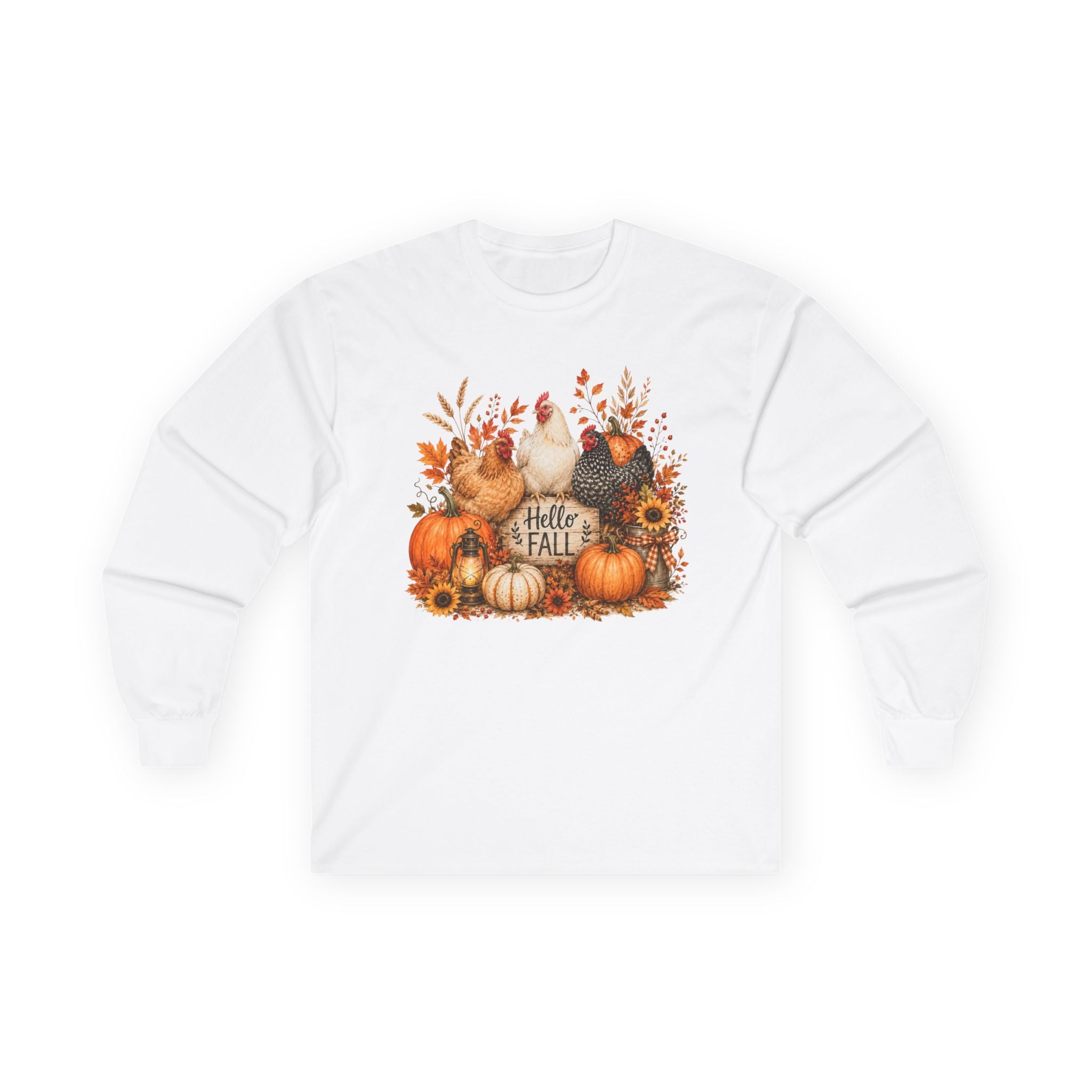 Hello Fall Pumpkin & Chickens Long Sleeve Tee