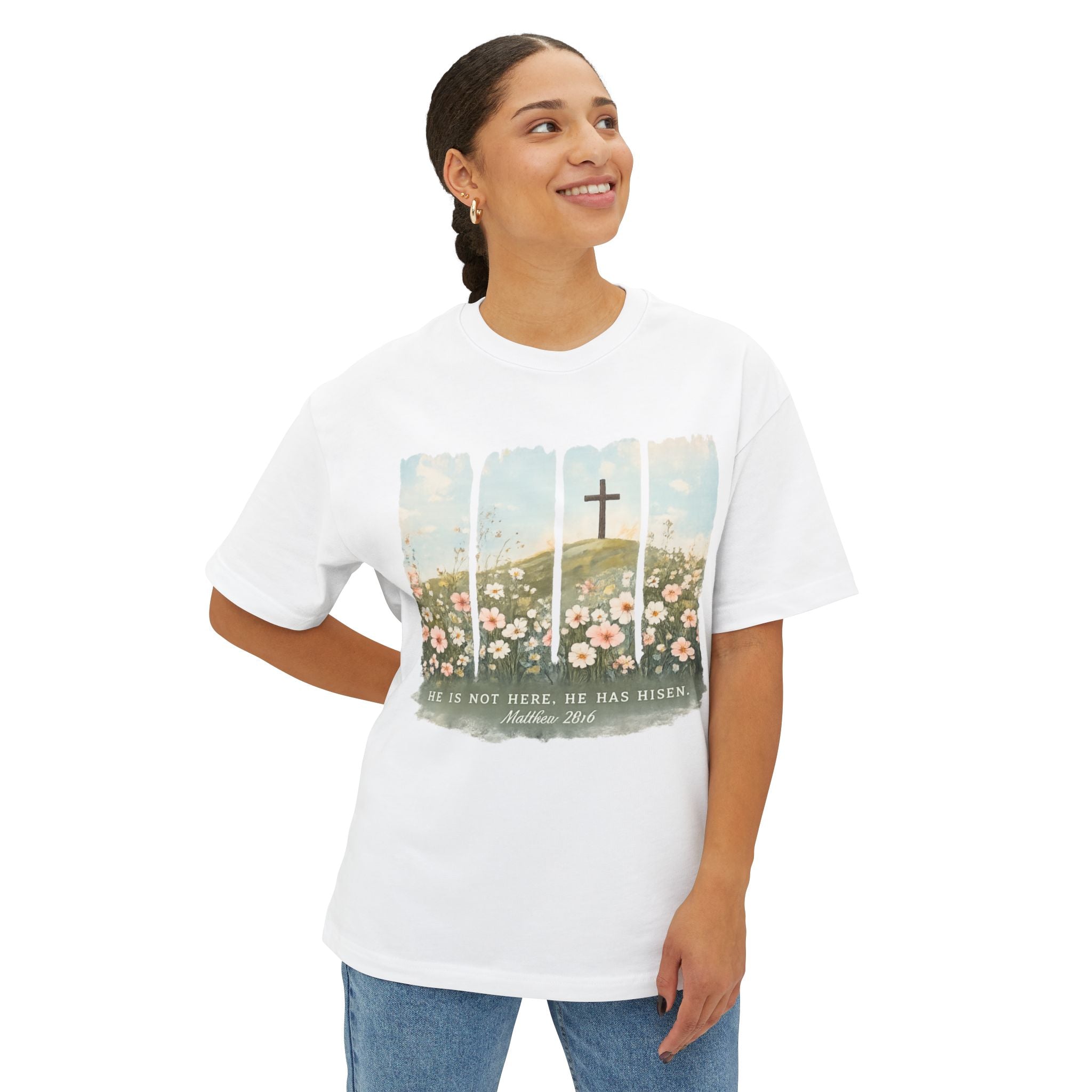 Easter Cross Tee — “He Is Not Here, He Has Risen” Floral Graphic Shirt