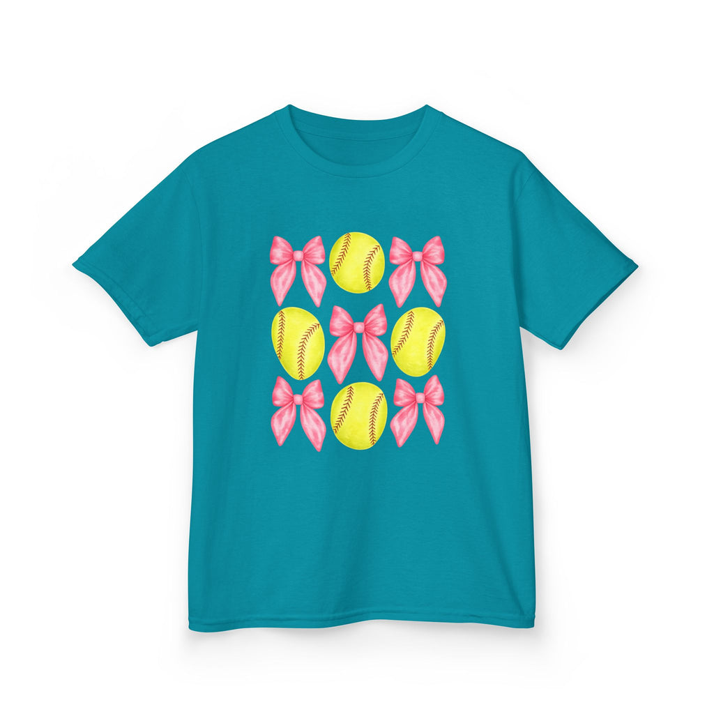 Girls Softball & Bows Kids Tee — Pink Bow Softball Pattern Shirt