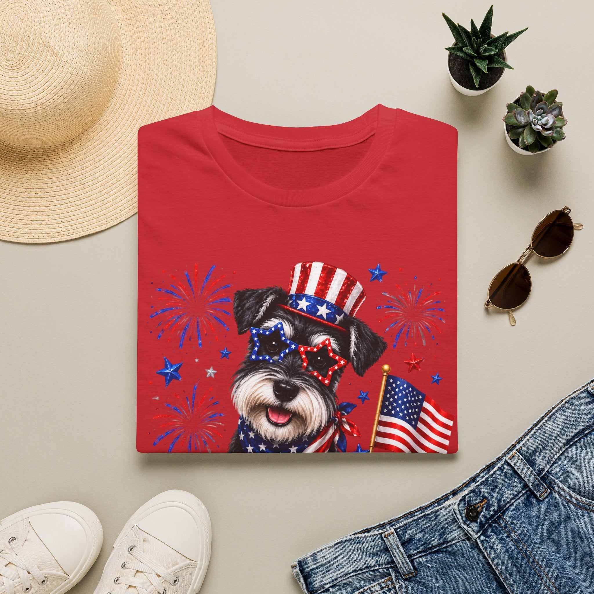 Patriotic Pup T‑Shirt — American Flag Dog with Fireworks (Fourth of July)