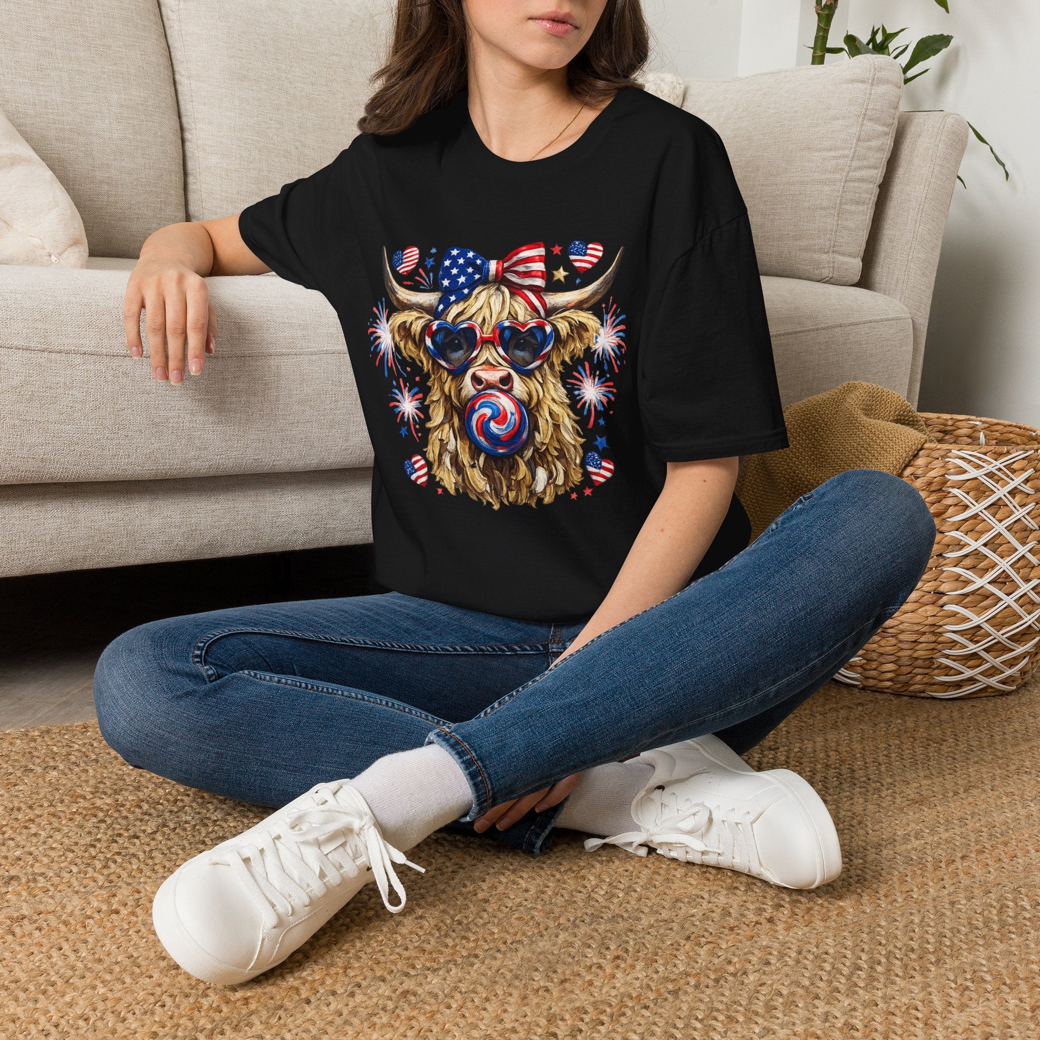 Patriotic Highland Cow T-Shirt — 4th of July American Flag Cow Tee