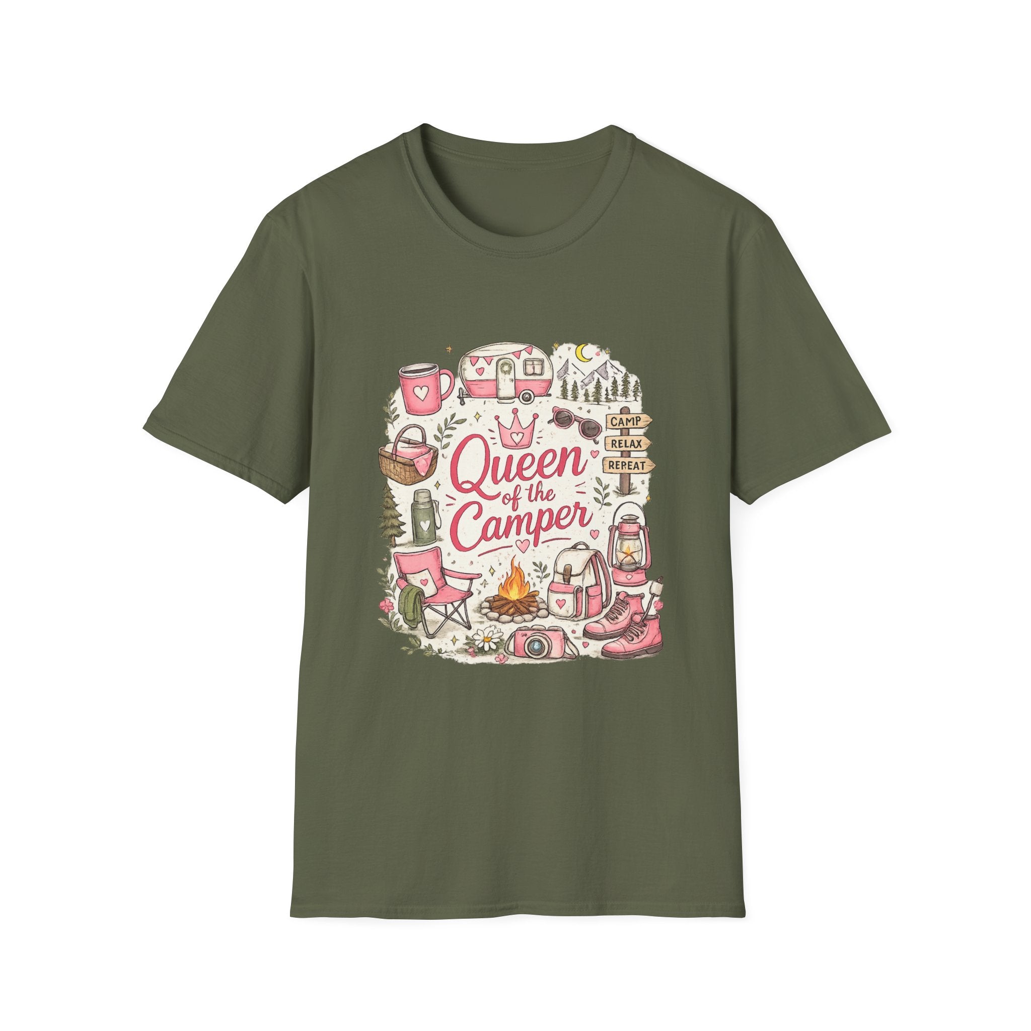 Queen of the Camper T-Shirt — Cute Pink Camping RV Graphic Tee for Women
