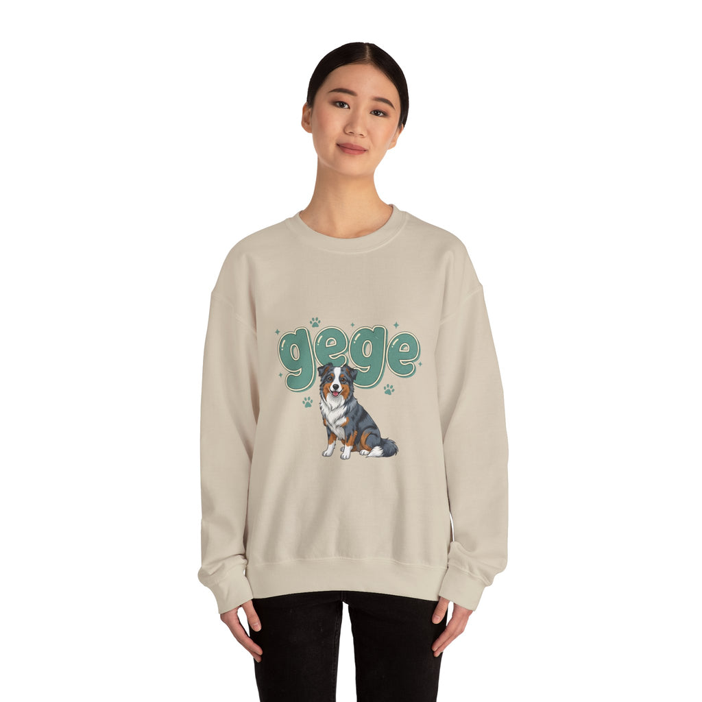 Crewneck Sweatshirt — Cute "gege" Design with Australian Shepherd Illustration