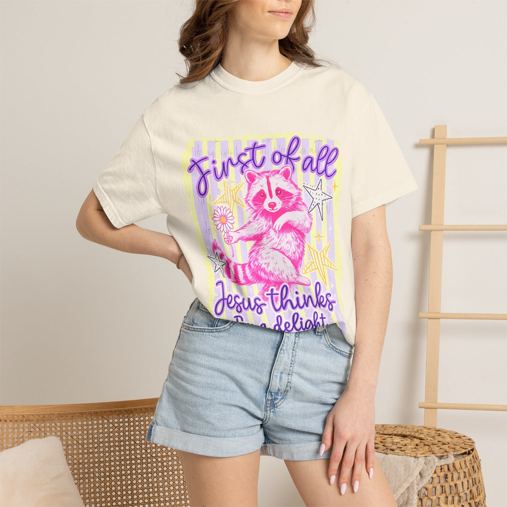 Raccoon Graphic T-Shirt — "First of All Jesus Thinks I’m a Delight" Christian Vintage Style Tee