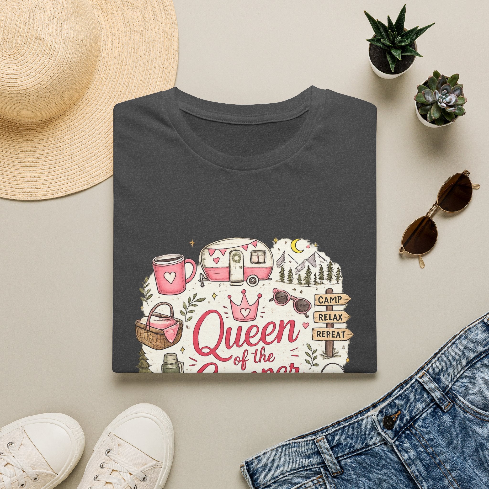 Queen of the Camper T-Shirt — Cute Pink Camping RV Graphic Tee for Women