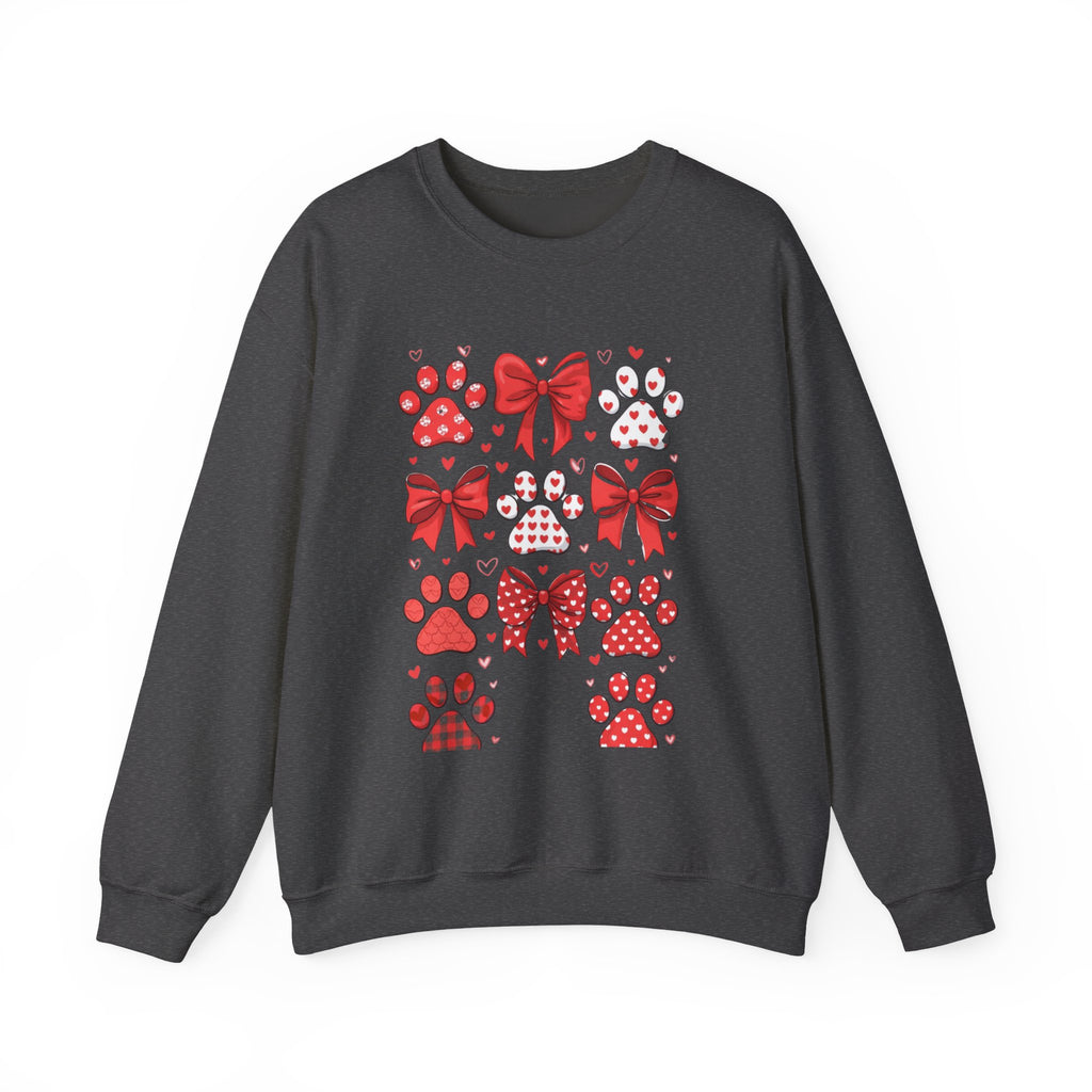 Valentine Paw Print Crewneck Sweatshirt — Red Bows & Hearts Pet Lover Pullover
