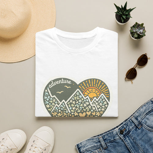 Adventure Heart Mountain T‑Shirt — Sunrise Nature Graphic Tee for Hikers & Outdoor Lovers