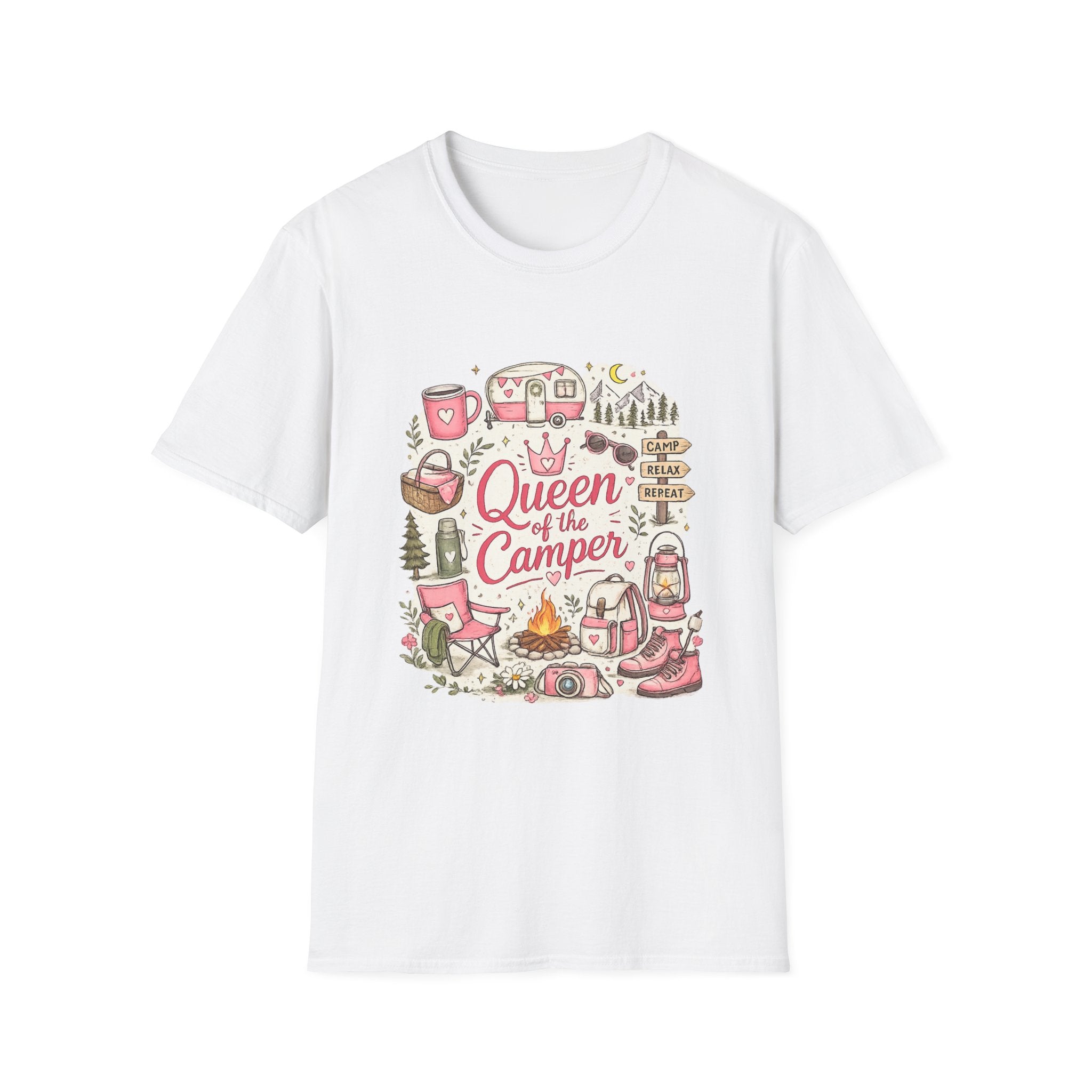 Queen of the Camper T-Shirt — Cute Pink Camping RV Graphic Tee for Women