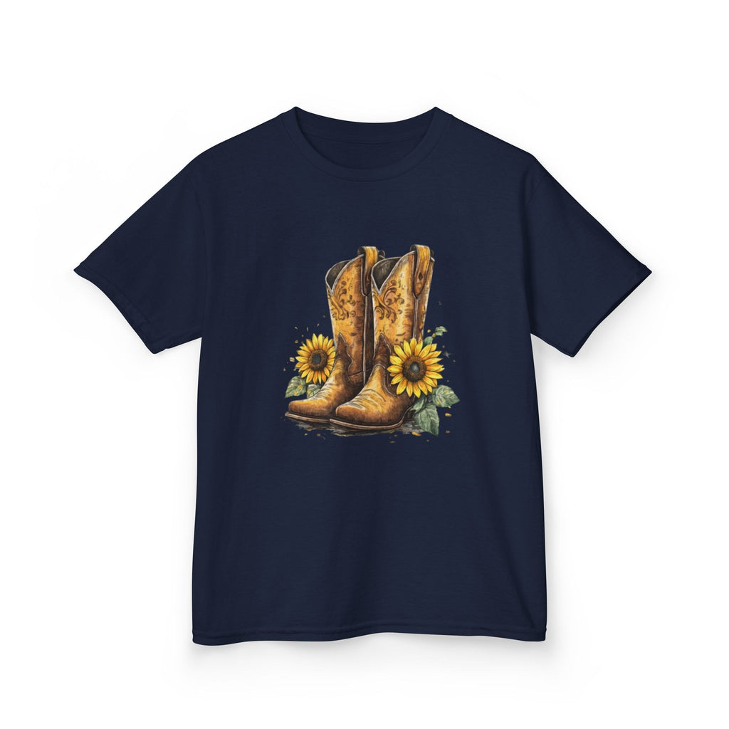 Kids Cowboy Boots & Sunflowers T-Shirt — Western Farmyard Tee for Children