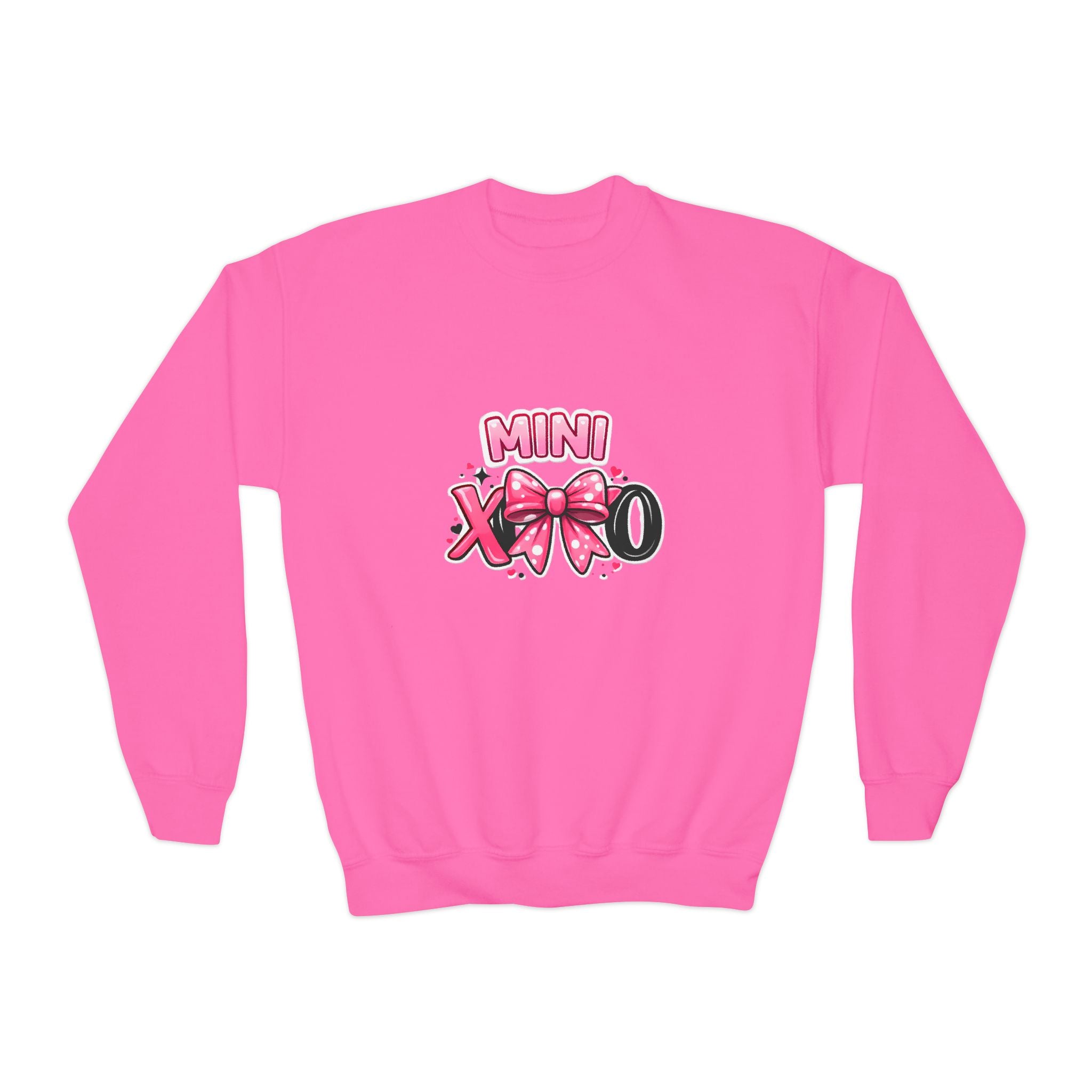 Mini XOXO Youth Crewneck Sweatshirt — Pink Bow Valentine Kids Pullover