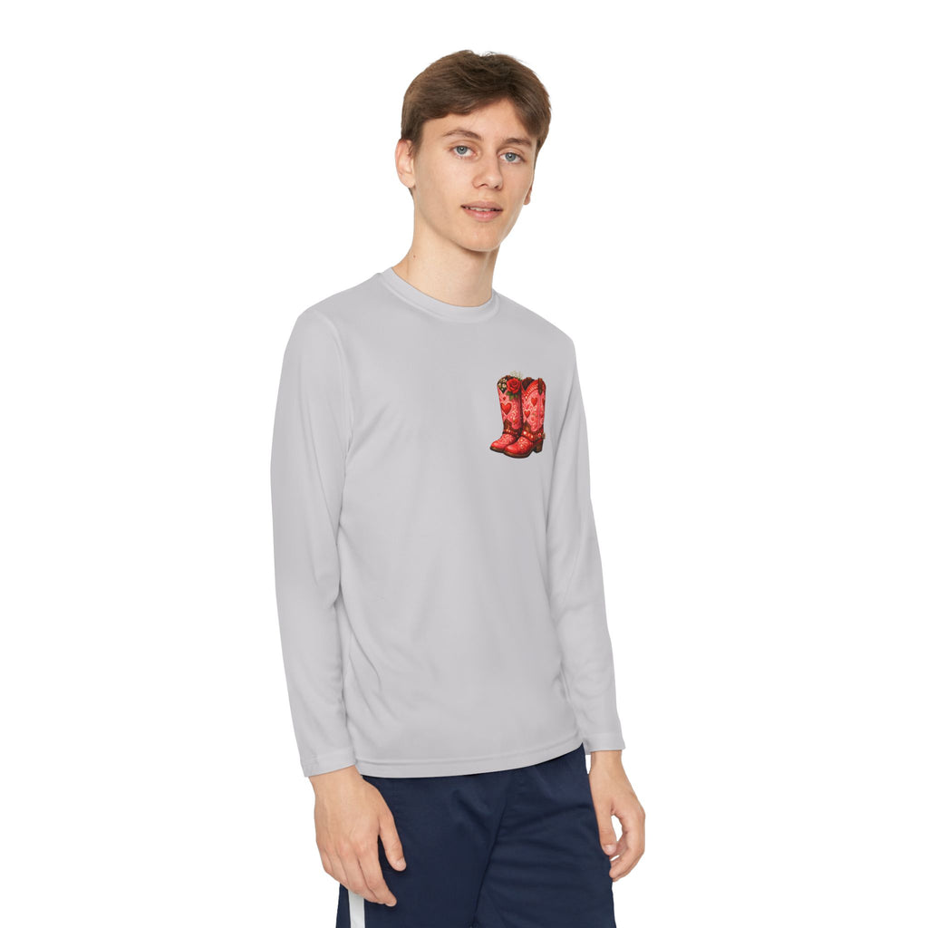 Youth Long Sleeve Tee — “All a Girl Needs is a Right Pair of Boots” Cowboy Boots Graphic