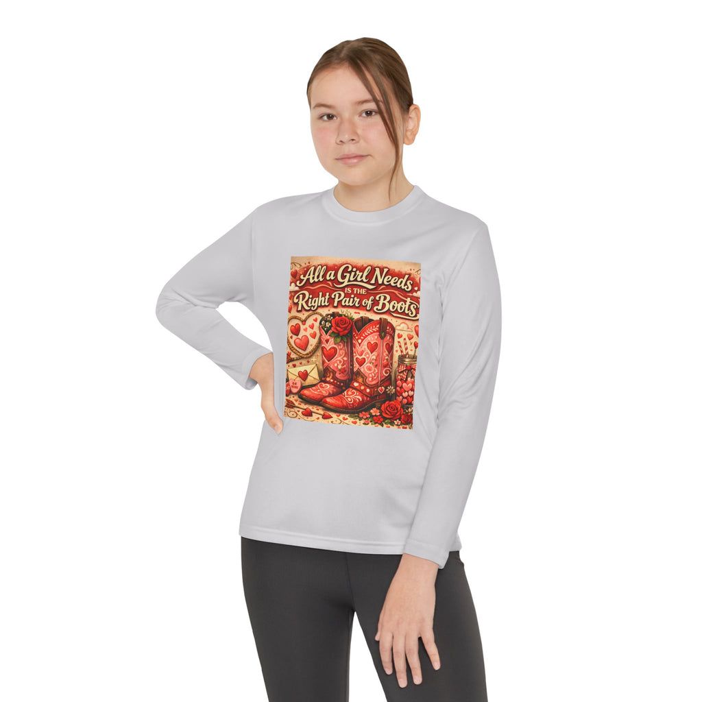 Youth Long Sleeve Tee — "All a Girl Needs is the Right Pair of Boots" Western Graphic