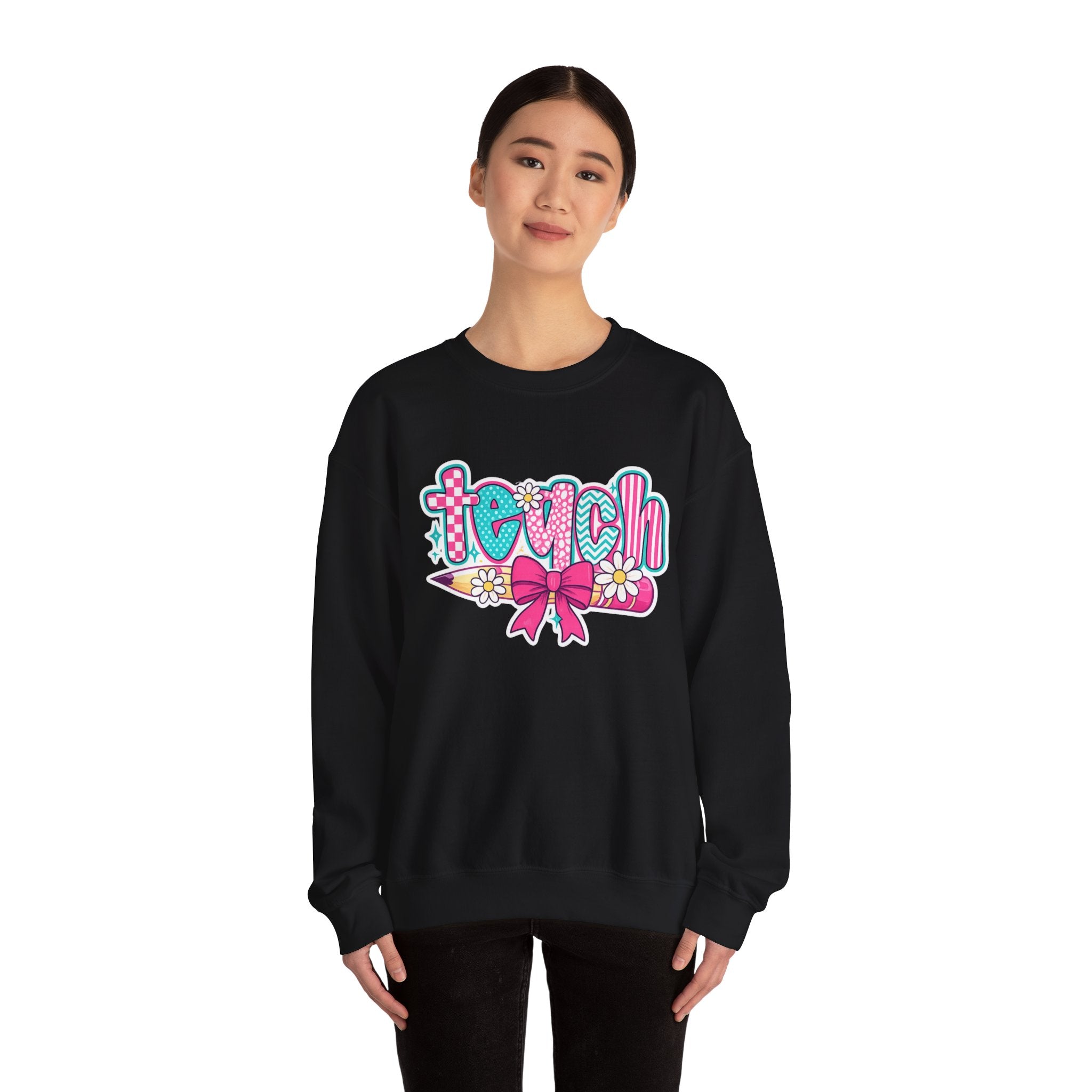 Teacher Pencil Crewneck Sweatshirt — "Teach" Floral School Spirit Pullover