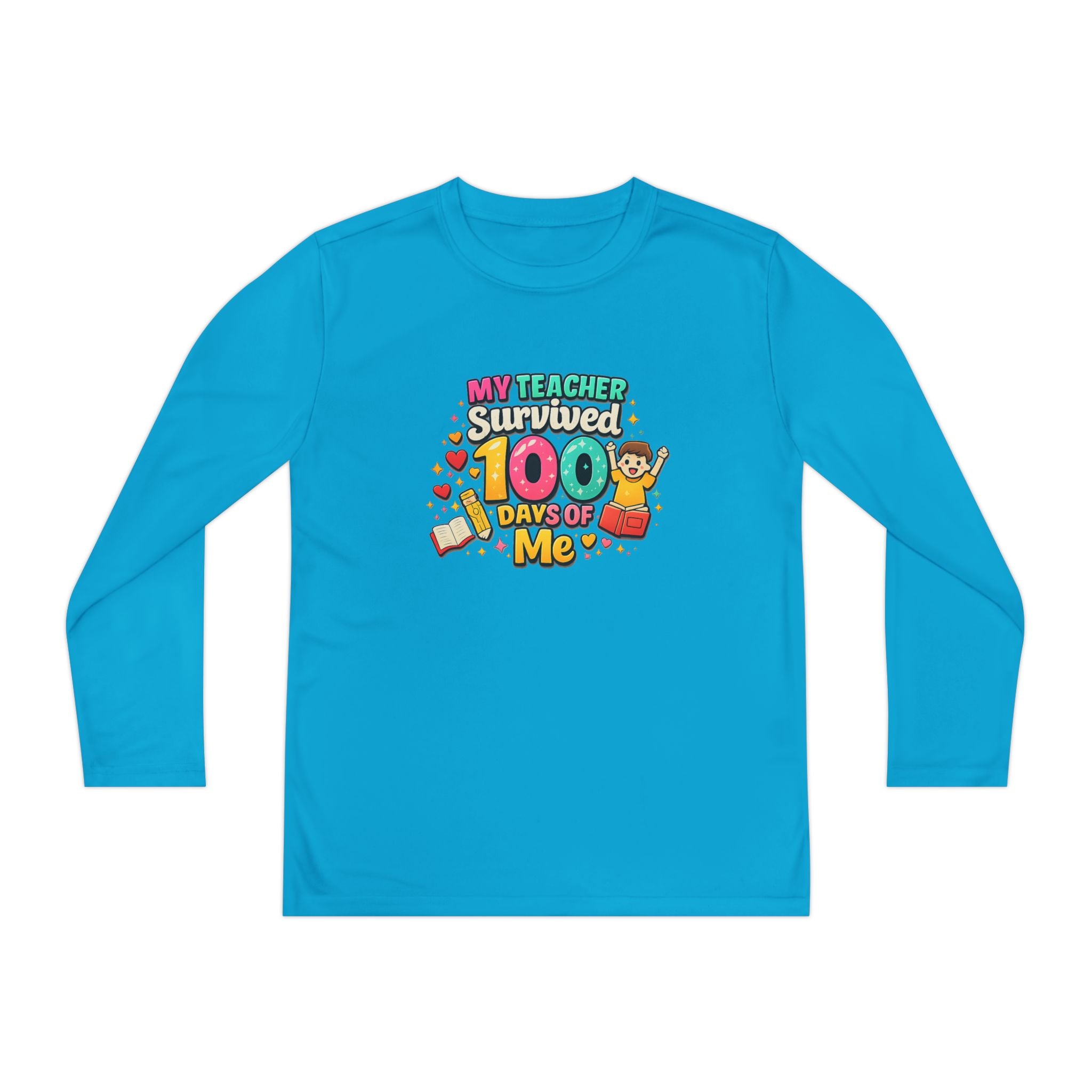 Kids Long Sleeve Tee — “My Teacher Survived 100 Days of Me” Colorful Celebration Shirt