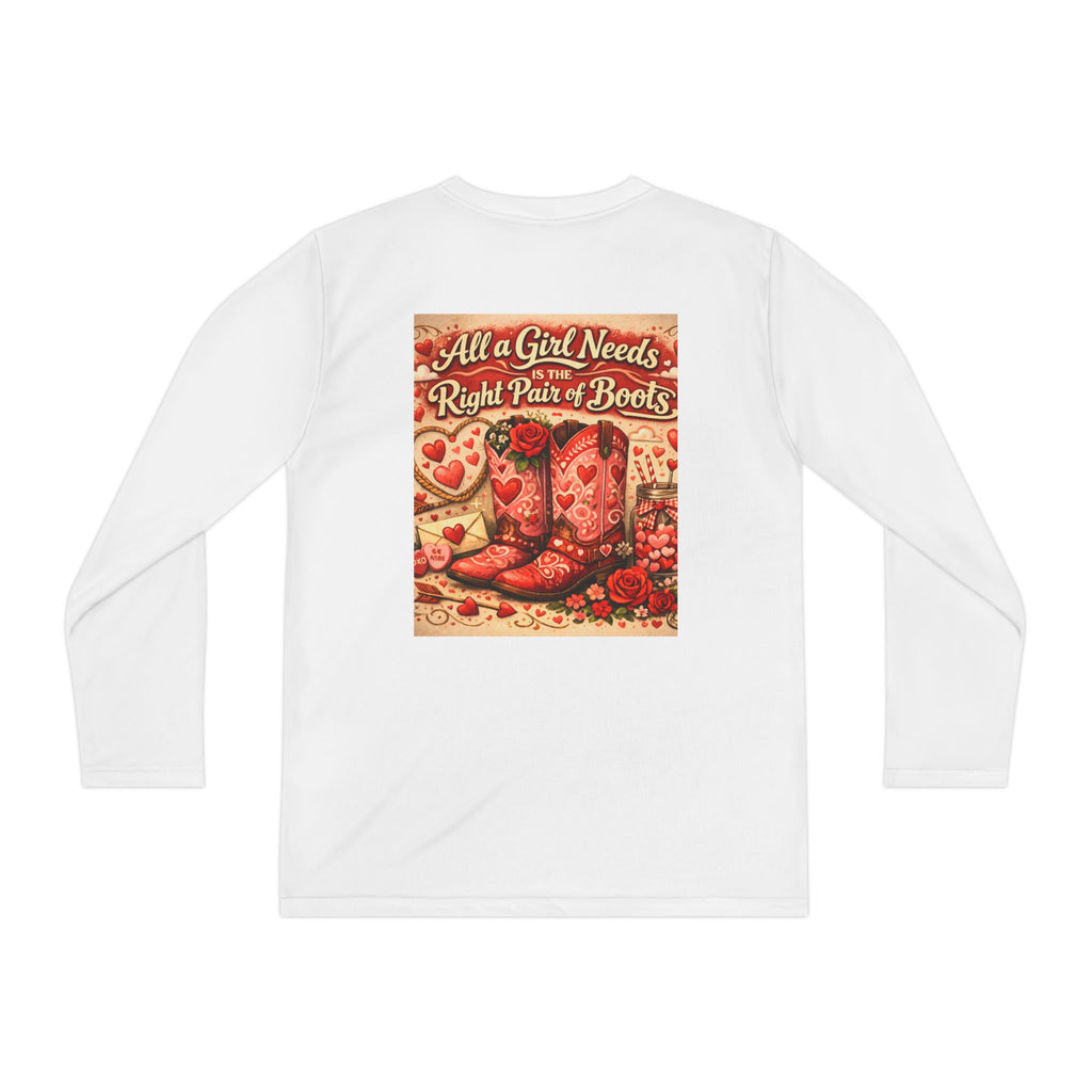 Youth Long Sleeve Tee — “All a Girl Needs is a Right Pair of Boots” Cowboy Boots Graphic